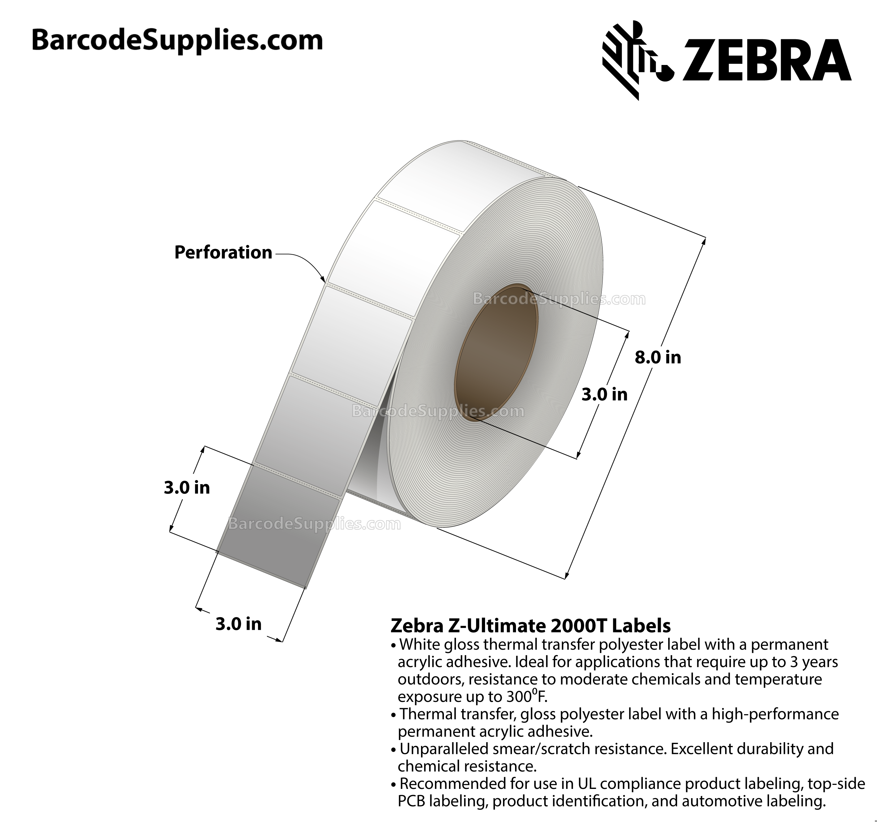 3 x 3 Thermal Transfer White Z-Ultimate 2000T Labels With Permanent Adhesive - Perforated - 1880 Labels Per Roll - Carton Of 4 Rolls - 7520 Labels Total - MPN: 10008515