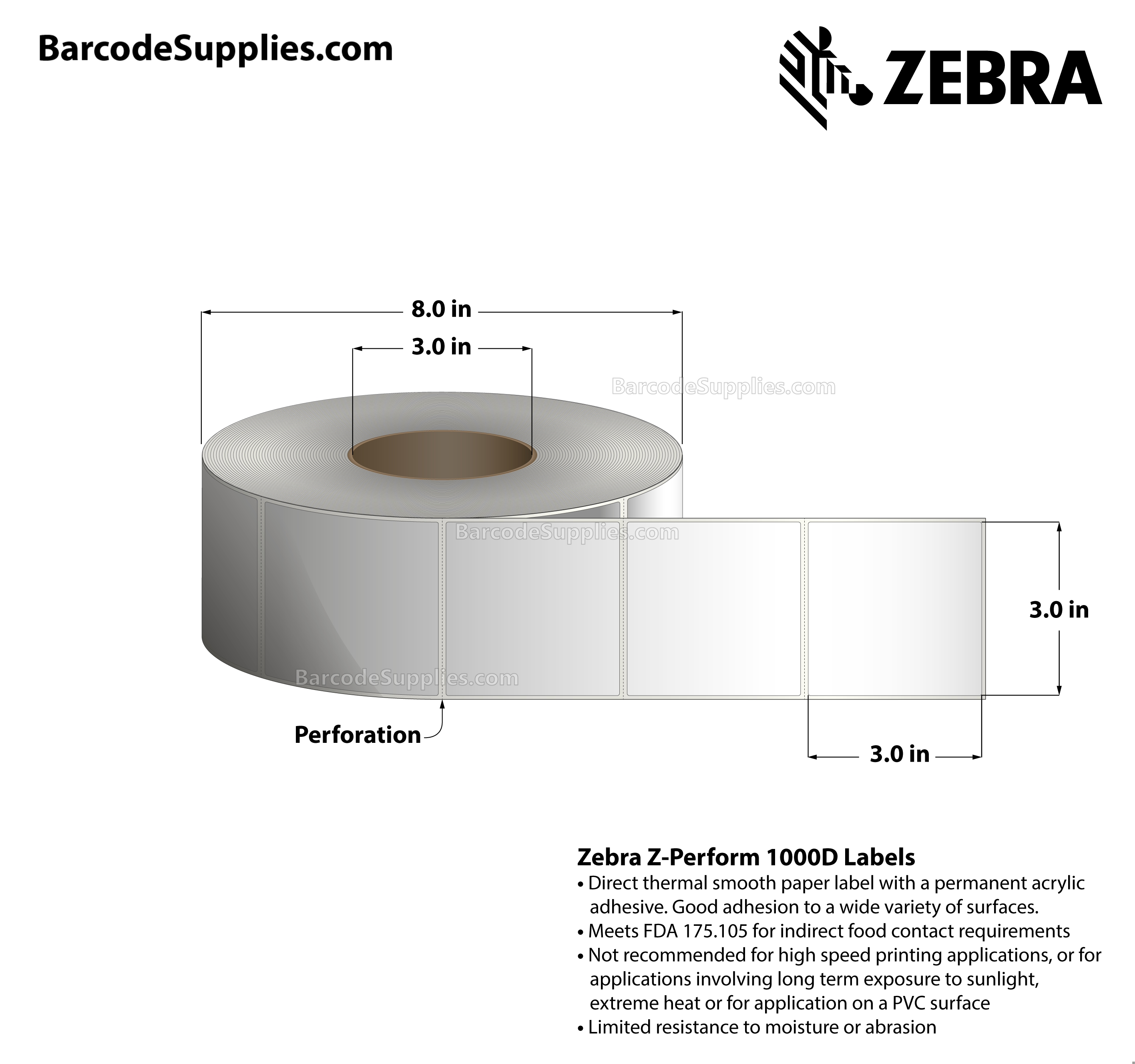 3 x 3 Direct Thermal White Z-Perform 1000D Labels With Permanent Adhesive - Perforated - 1880 Labels Per Roll - Carton Of 4 Rolls - 7520 Labels Total - MPN: 10028312