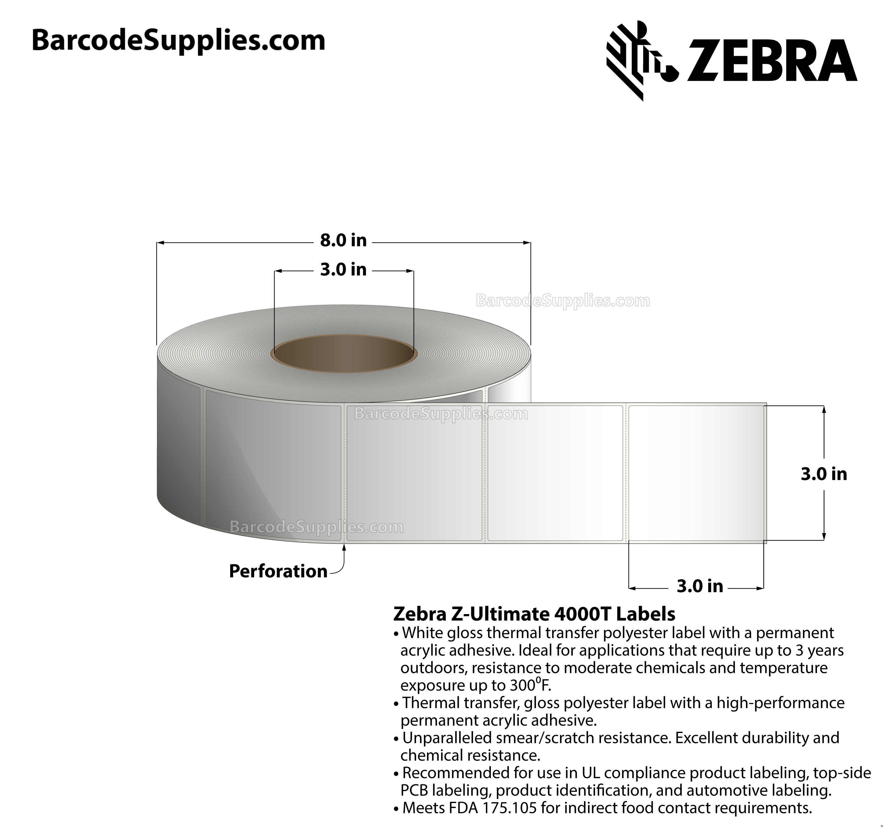 3 x 3 Thermal Transfer White Z-Ultimate 4000T Labels With Permanent Adhesive - Perforated - 1880 Labels Per Roll - Carton Of 4 Rolls - 7520 Labels Total - MPN: 10011710