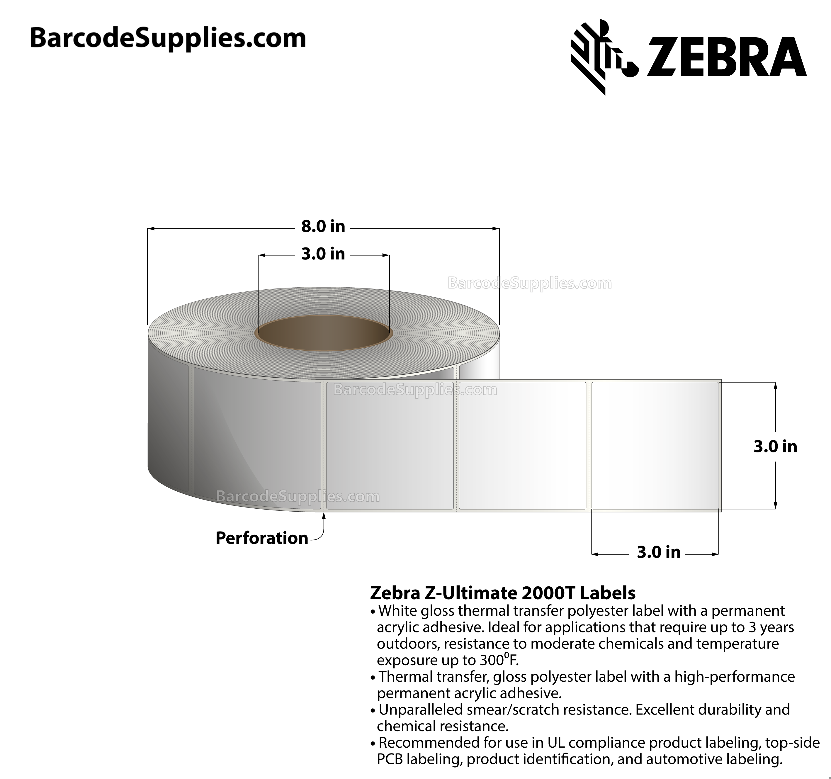 3 x 3 Thermal Transfer White Z-Ultimate 2000T Labels With Permanent Adhesive - Perforated - 1880 Labels Per Roll - Carton Of 4 Rolls - 7520 Labels Total - MPN: 10008515