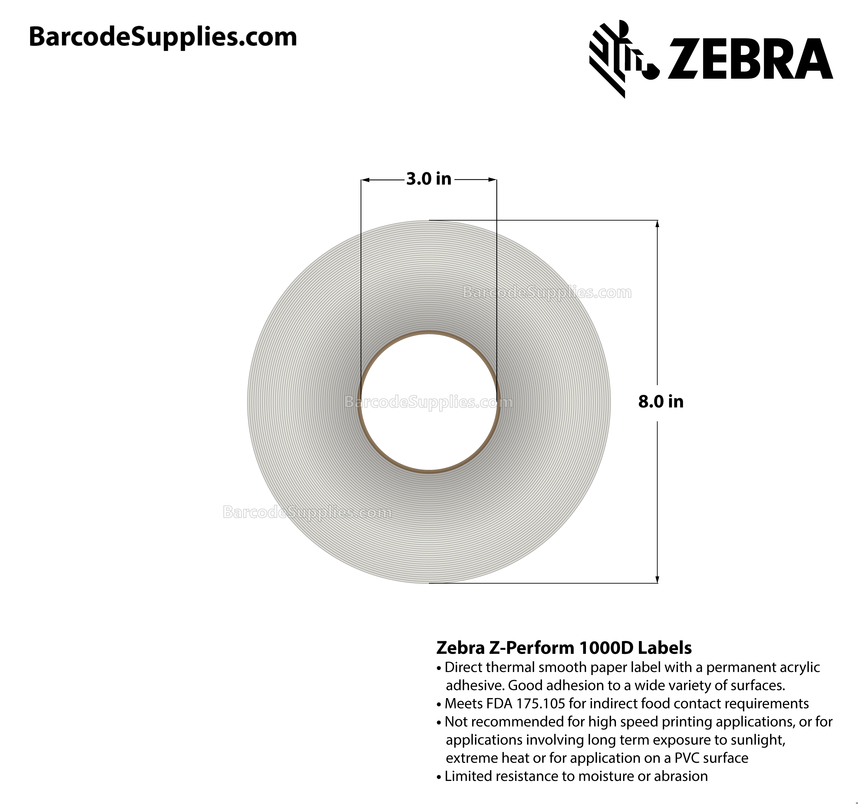 3 x 3 Direct Thermal White Z-Perform 1000D Labels With Permanent Adhesive - Perforated - 1880 Labels Per Roll - Carton Of 4 Rolls - 7520 Labels Total - MPN: 10028312