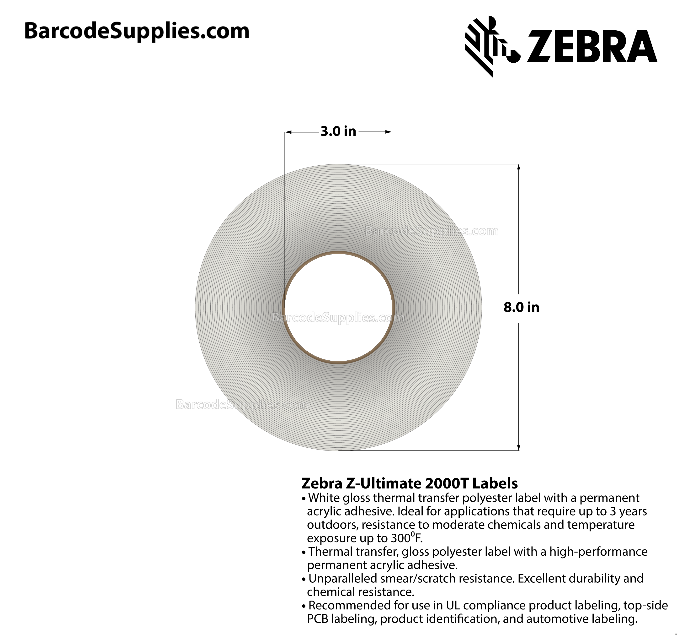 3 x 3 Thermal Transfer White Z-Ultimate 2000T Labels With Permanent Adhesive - Perforated - 1880 Labels Per Roll - Carton Of 4 Rolls - 7520 Labels Total - MPN: 10008515