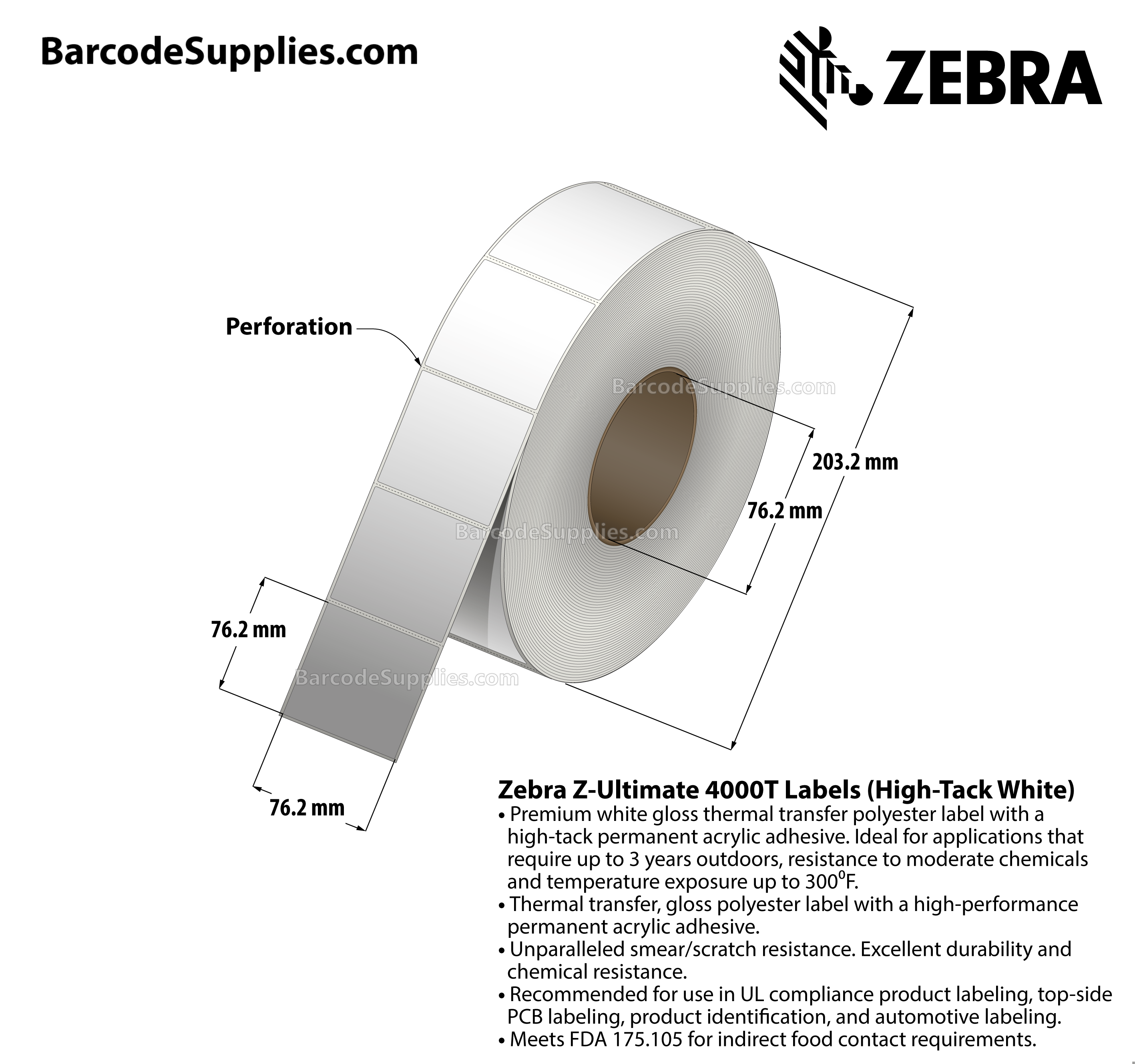 3 x 3 Thermal Transfer White Z-Ultimate 4000T High-Tack White Labels With High-tack Adhesive - Perforated - 1000 Labels Per Roll - Carton Of 1 Rolls - 1000 Labels Total - MPN: 10023058