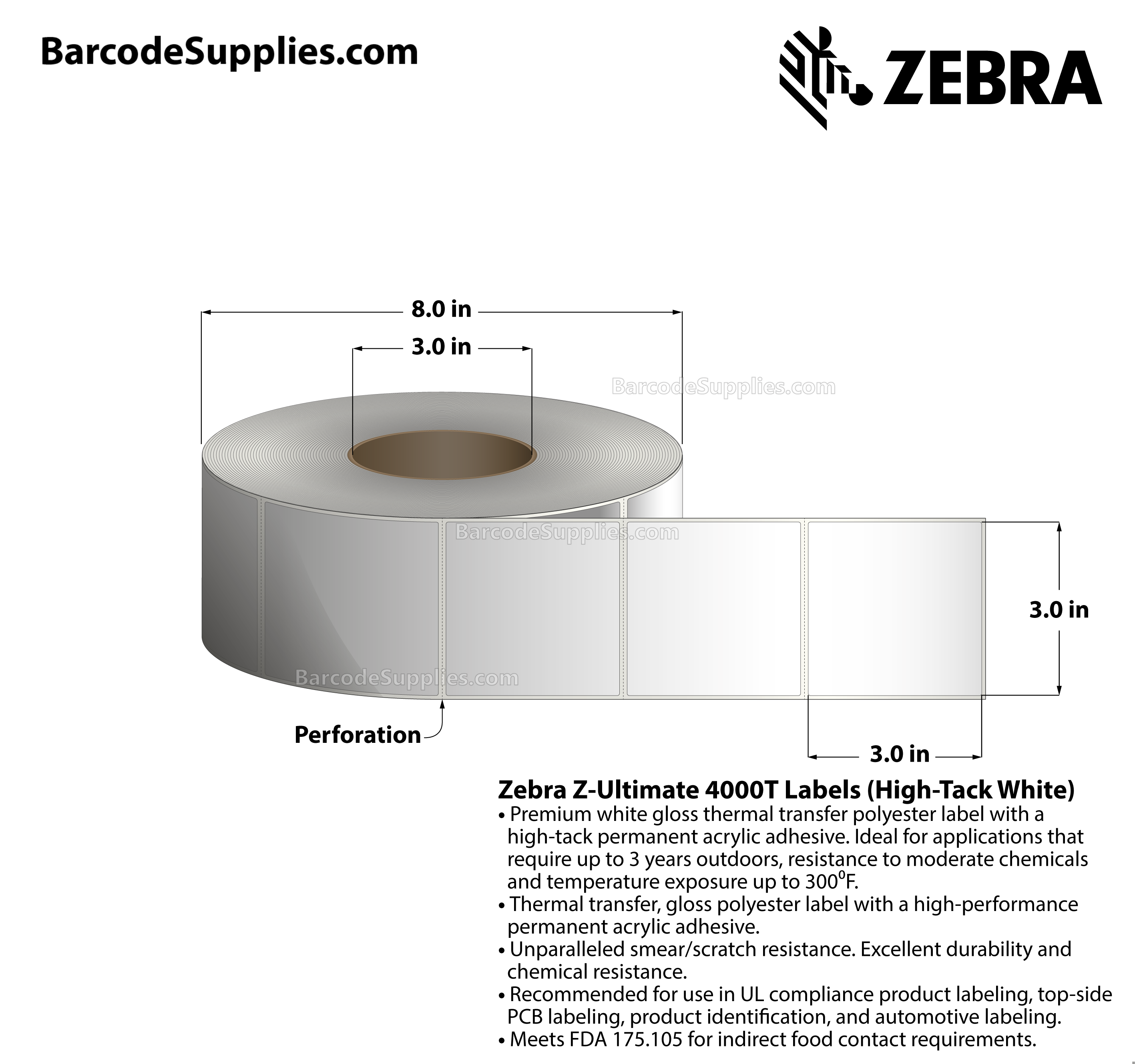 3 x 3 Thermal Transfer White Z-Ultimate 4000T High-Tack White Labels With High-tack Adhesive - Perforated - 1000 Labels Per Roll - Carton Of 1 Rolls - 1000 Labels Total - MPN: 10023058