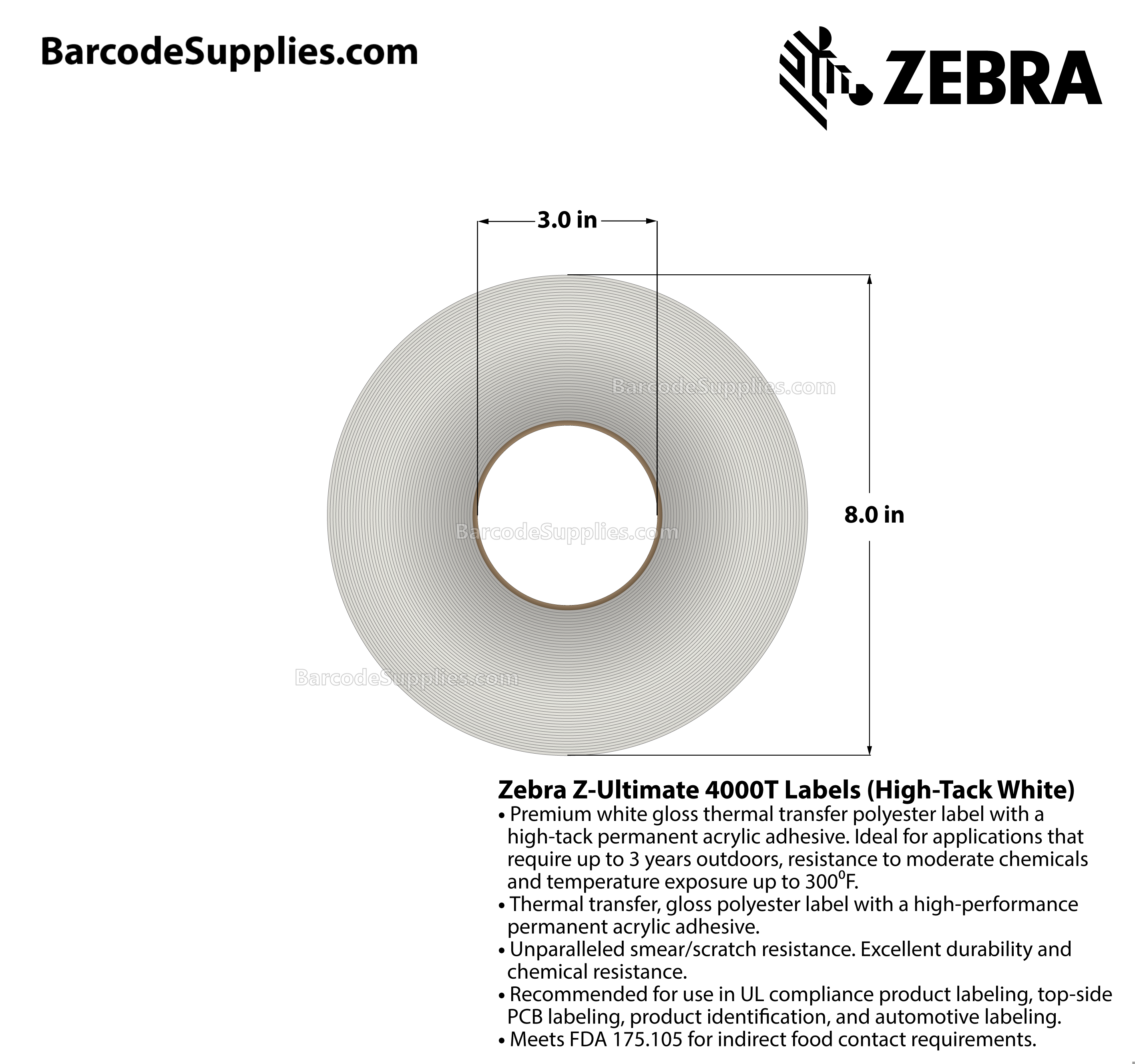 3 x 3 Thermal Transfer White Z-Ultimate 4000T High-Tack White Labels With High-tack Adhesive - Perforated - 1000 Labels Per Roll - Carton Of 1 Rolls - 1000 Labels Total - MPN: 10023058