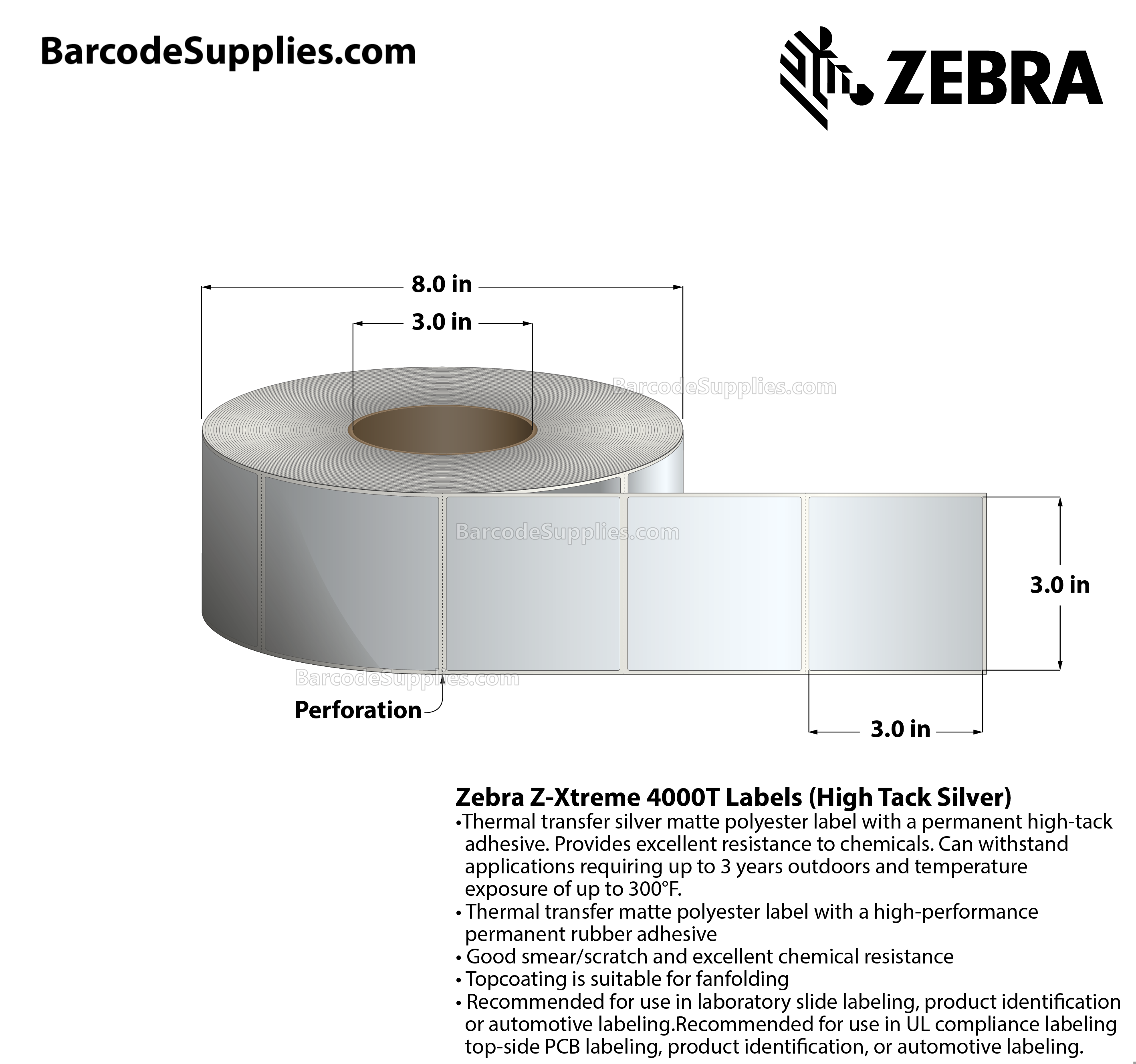 3 x 3 Thermal Transfer Silver Z-Xtreme 4000T High-Tack Silver Labels With High-tack Adhesive - Perforated - 1000 Labels Per Roll - Carton Of 1 Rolls - 1000 Labels Total - MPN: 10023181