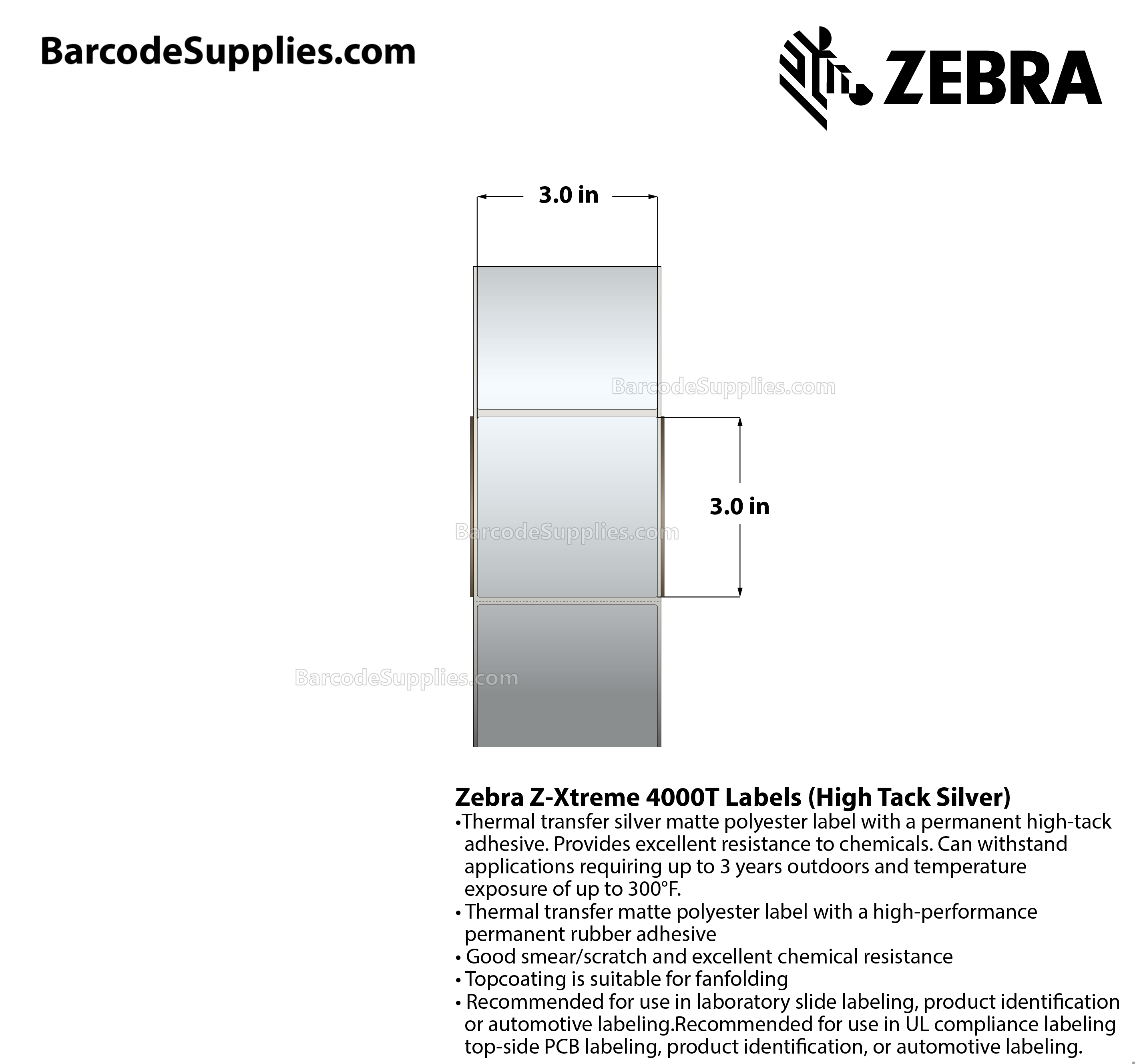 3 x 3 Thermal Transfer Silver Z-Xtreme 4000T High-Tack Silver Labels With High-tack Adhesive - Perforated - 1000 Labels Per Roll - Carton Of 1 Rolls - 1000 Labels Total - MPN: 10023181