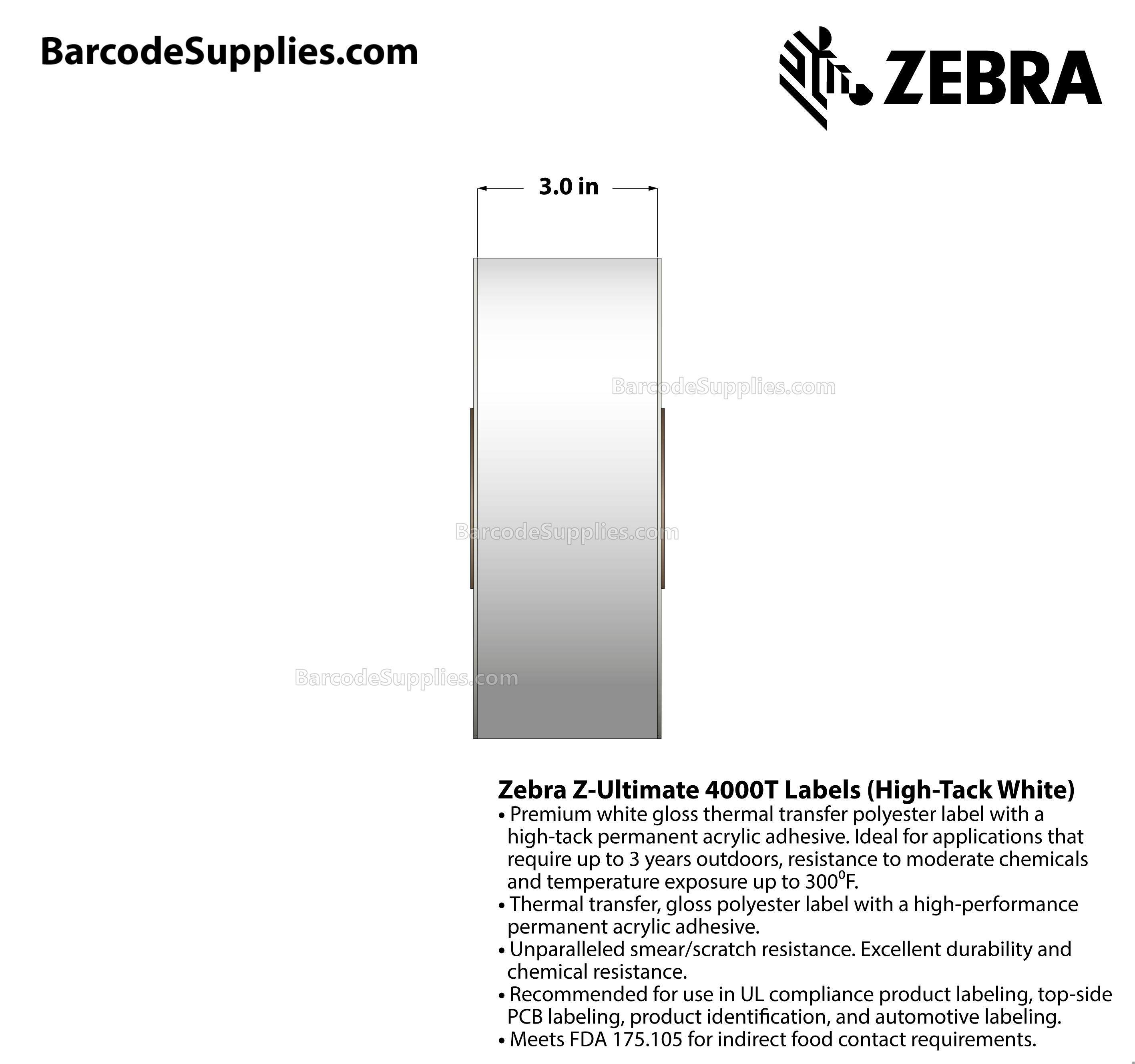 3 x 300' Thermal Transfer White Z-Ultimate 4000T High-Tack White Labels With High-tack Adhesive - Continuous - Labels Per Roll - Carton Of 1 Rolls - 0 Labels Total - MPN: 10023059