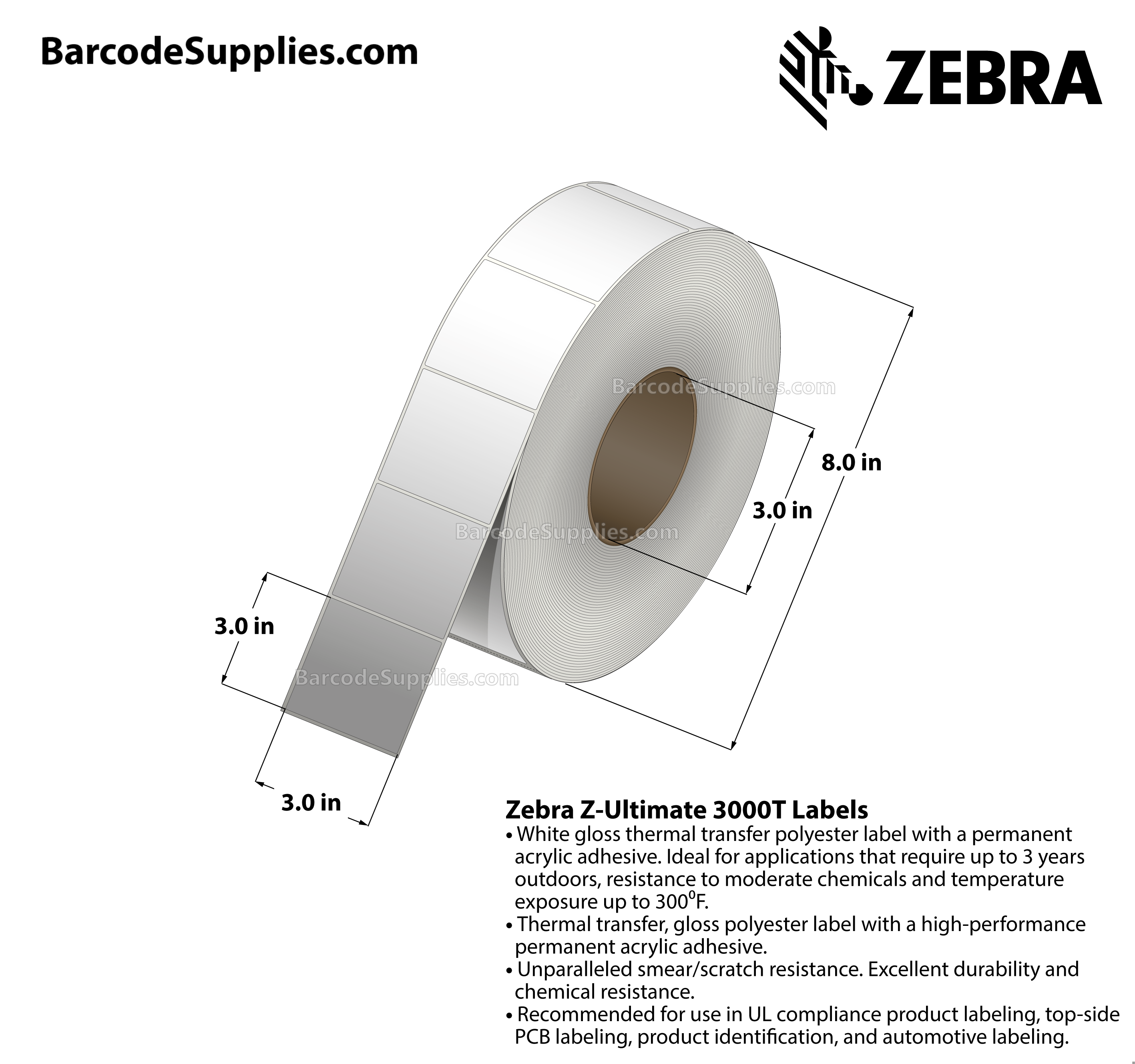 3 x 3 Thermal Transfer White Z-Ultimate 3000T Labels With Permanent Adhesive - Not Perforated - 1880 Labels Per Roll - Carton Of 4 Rolls - 7520 Labels Total - MPN: 10011704