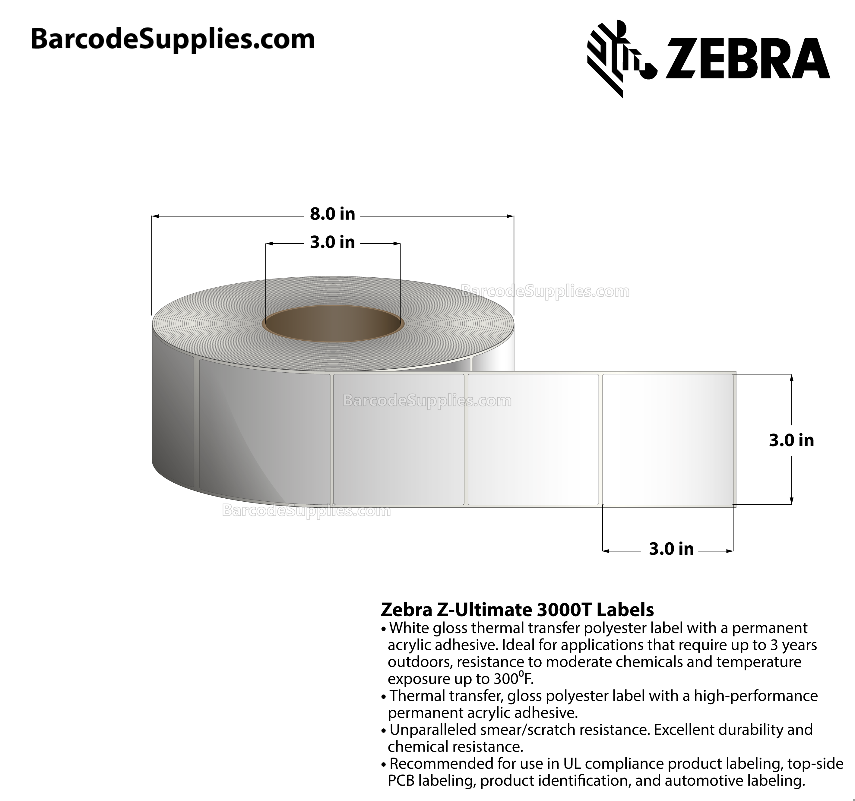 3 x 3 Thermal Transfer White Z-Ultimate 3000T Labels With Permanent Adhesive - Not Perforated - 1880 Labels Per Roll - Carton Of 4 Rolls - 7520 Labels Total - MPN: 10011704