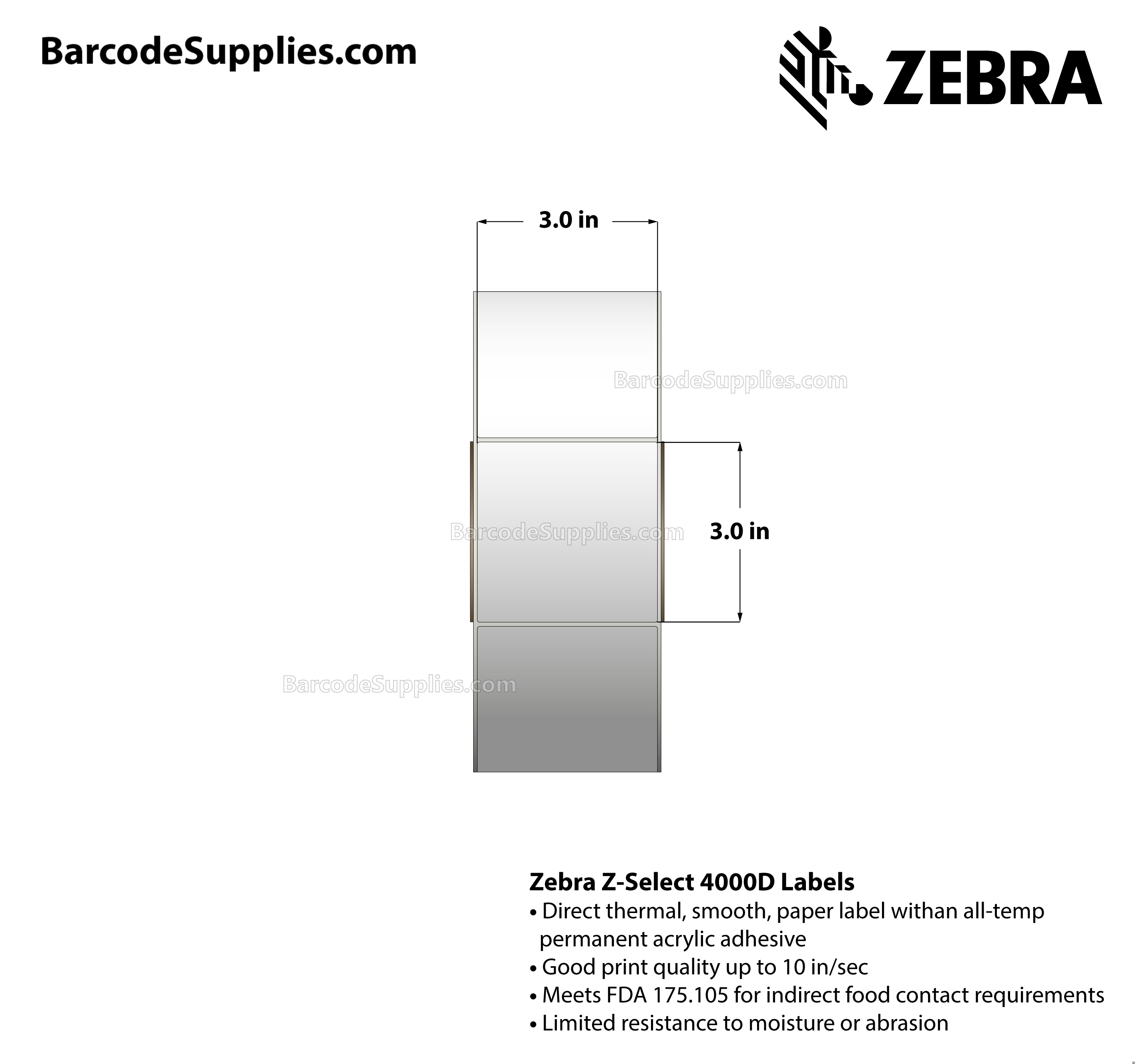 3 x 3 Direct Thermal White Z-Select 4000D Labels With All-Temp Adhesive - Not Perforated - 1840 Labels Per Roll - Carton Of 6 Rolls - 11040 Labels Total - MPN: 84086