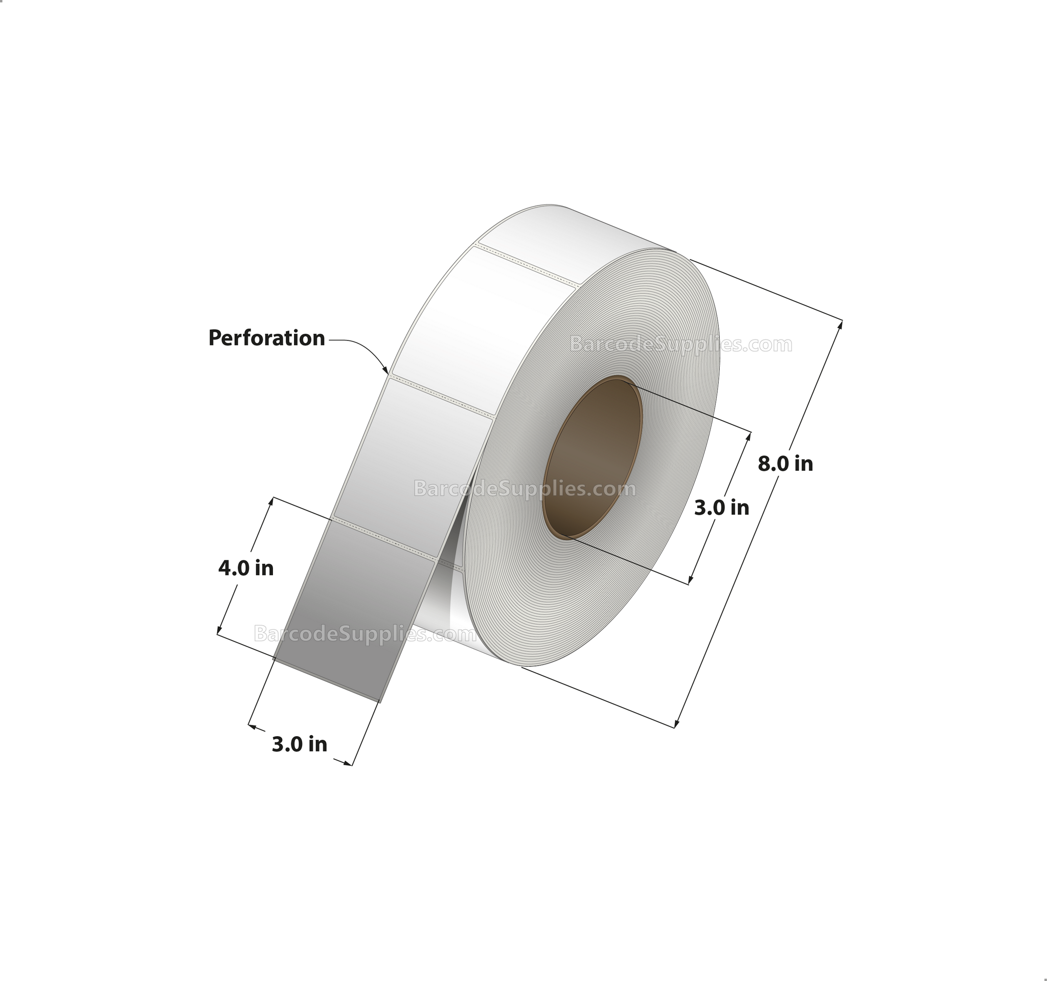 3 x 4 Thermal Transfer White Labels With Permanent Acrylic Adhesive - Perforated - 1500 Labels Per Roll - Carton Of 8 Rolls - 12000 Labels Total - MPN: TH34-1P