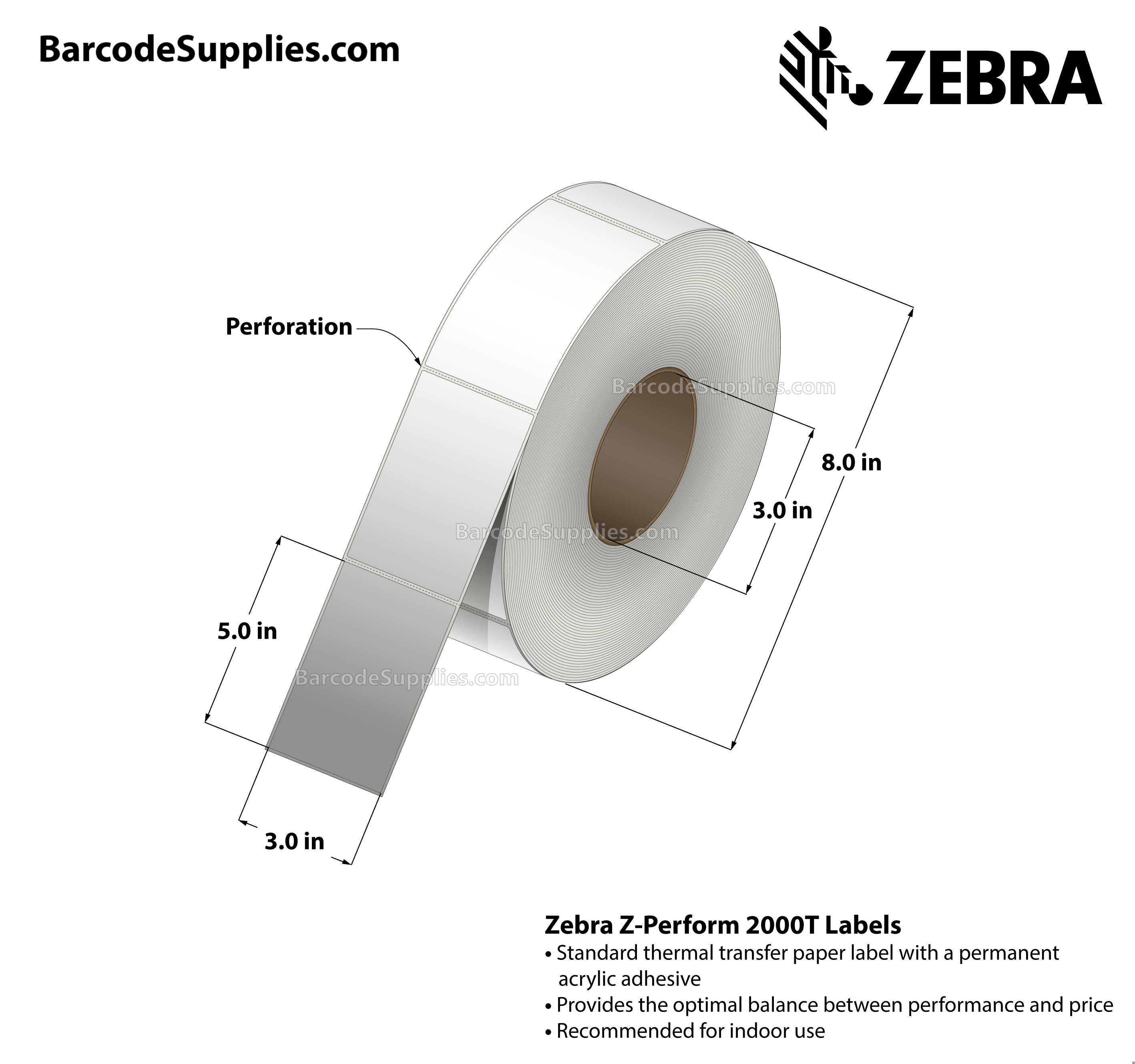 3 x 5 Thermal Transfer White Z-Perform 2000T All-Temp Labels With All-Temp Adhesive - Perforated - 1100 Labels Per Roll - Carton Of 6 Rolls - 6600 Labels Total - MPN: 97477