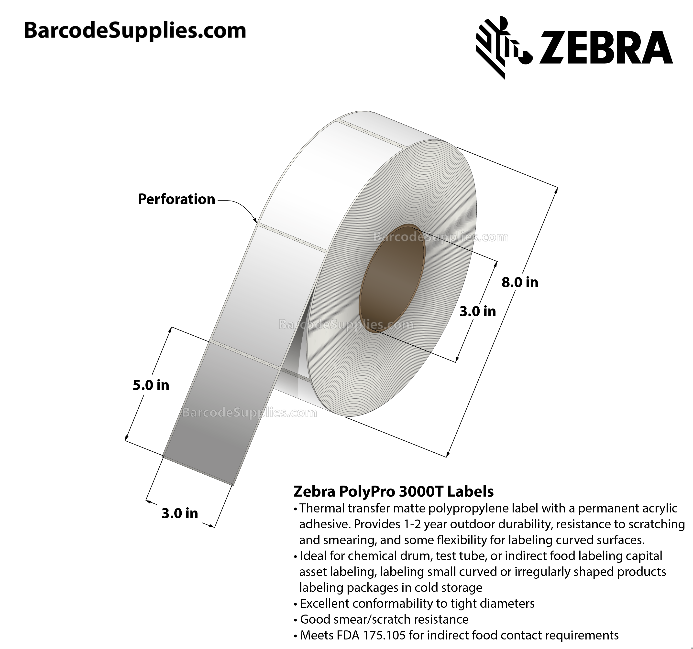 3 x 5 Thermal Transfer White PolyPro 3000T Labels With Permanent Adhesive - Perforated - 1015 Labels Per Roll - Carton Of 4 Rolls - 4060 Labels Total - MPN: 10011992