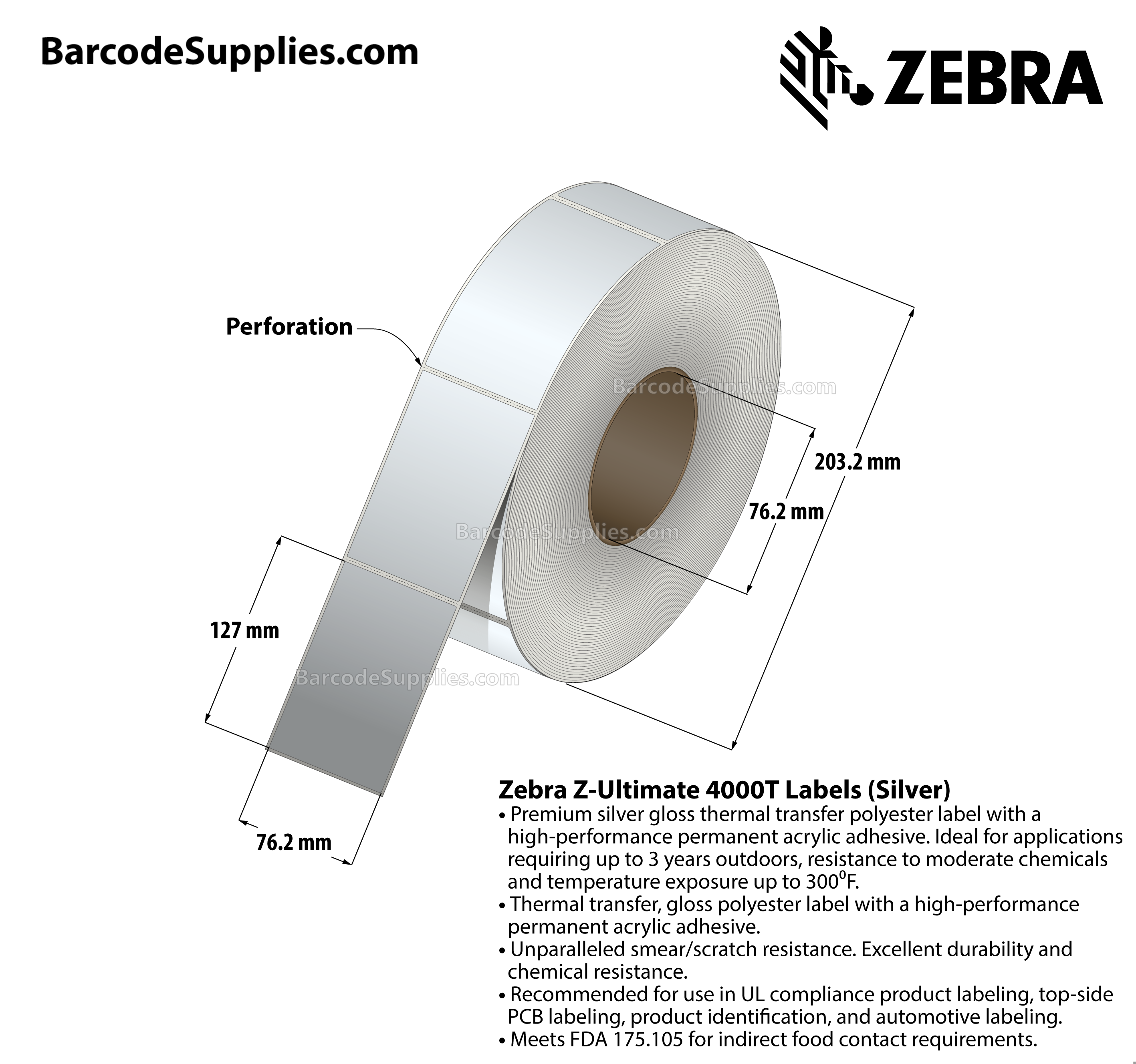 3 x 5 Thermal Transfer Silver Z-Ultimate 4000T Silver Labels With Permanent Adhesive - Perforated - 1000 Labels Per Roll - Carton Of 1 Rolls - 1000 Labels Total - MPN: 10023166