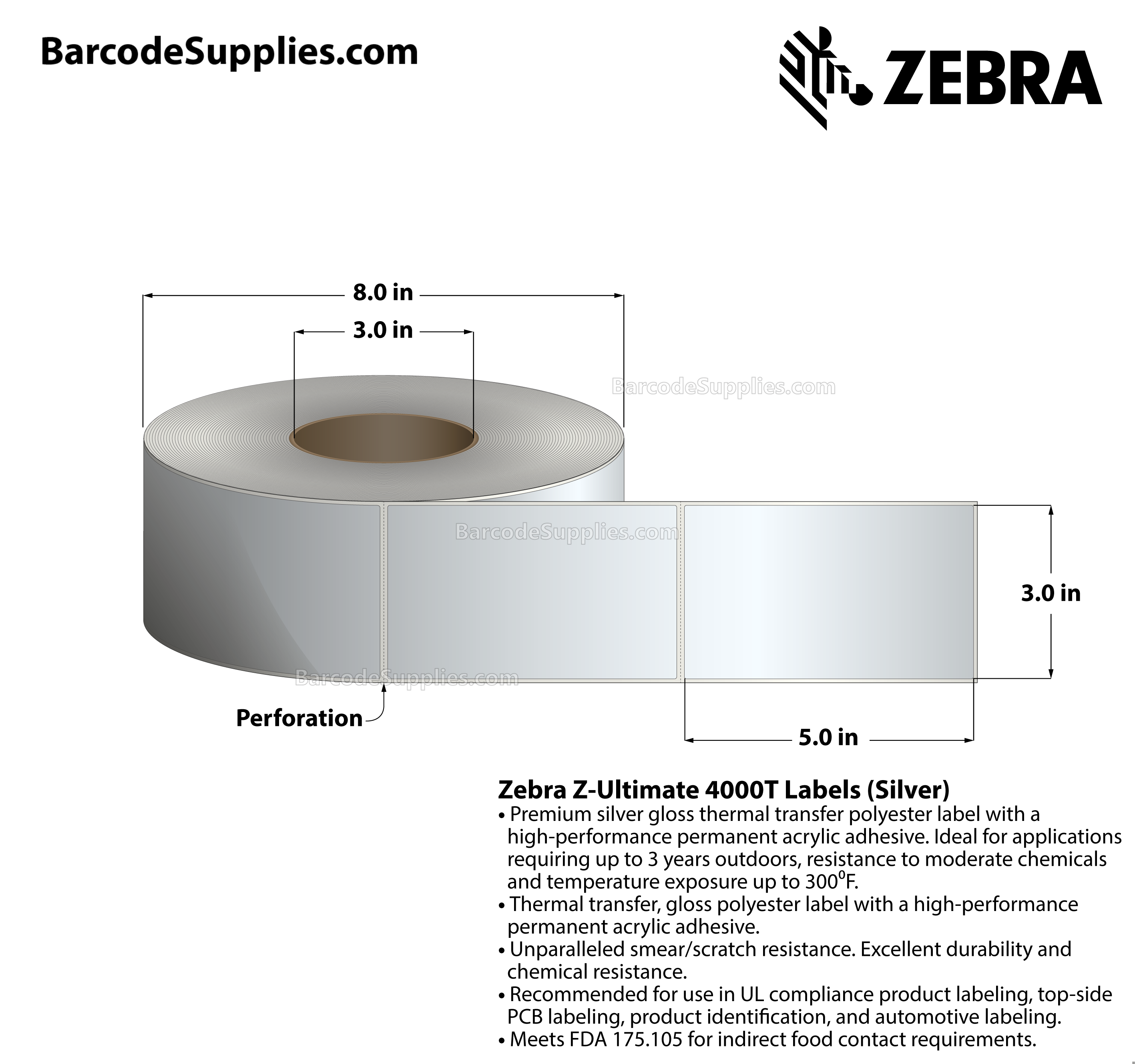3 x 5 Thermal Transfer Silver Z-Ultimate 4000T Silver Labels With Permanent Adhesive - Perforated - 1000 Labels Per Roll - Carton Of 1 Rolls - 1000 Labels Total - MPN: 10023166