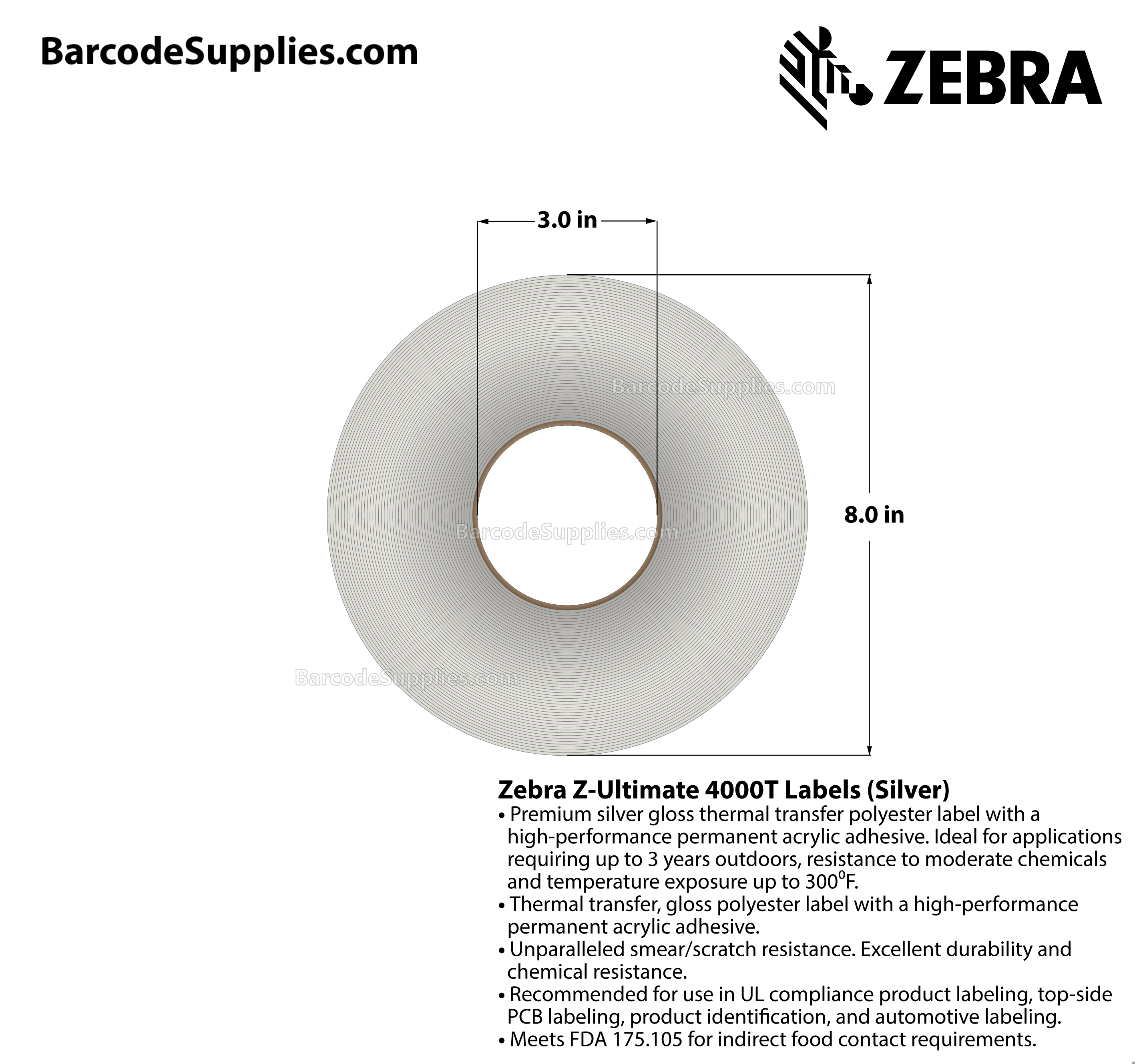 3 x 5 Thermal Transfer Silver Z-Ultimate 4000T Silver Labels With Permanent Adhesive - Perforated - 1000 Labels Per Roll - Carton Of 1 Rolls - 1000 Labels Total - MPN: 10023166