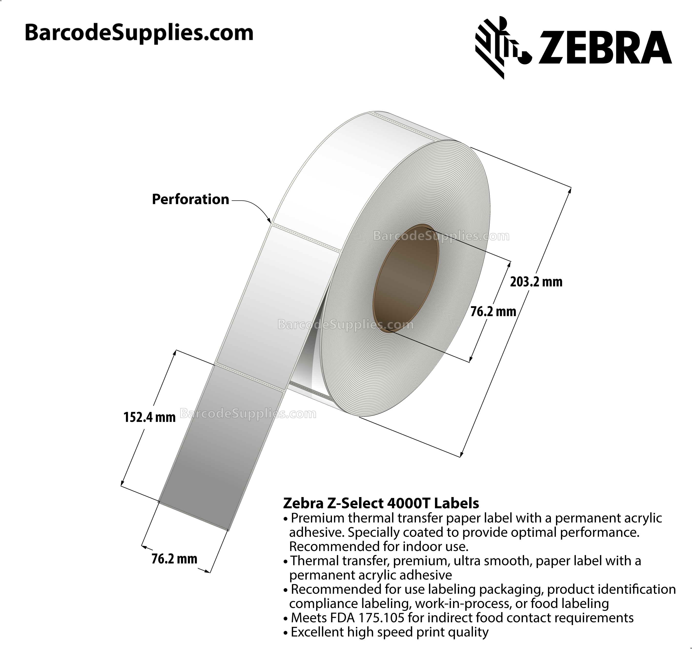 3 x 6 Thermal Transfer White Z-Select 4000T Labels With Permanent Adhesive - Perforated - 910 Labels Per Roll - Carton Of 6 Rolls - 5460 Labels Total - MPN: 81397