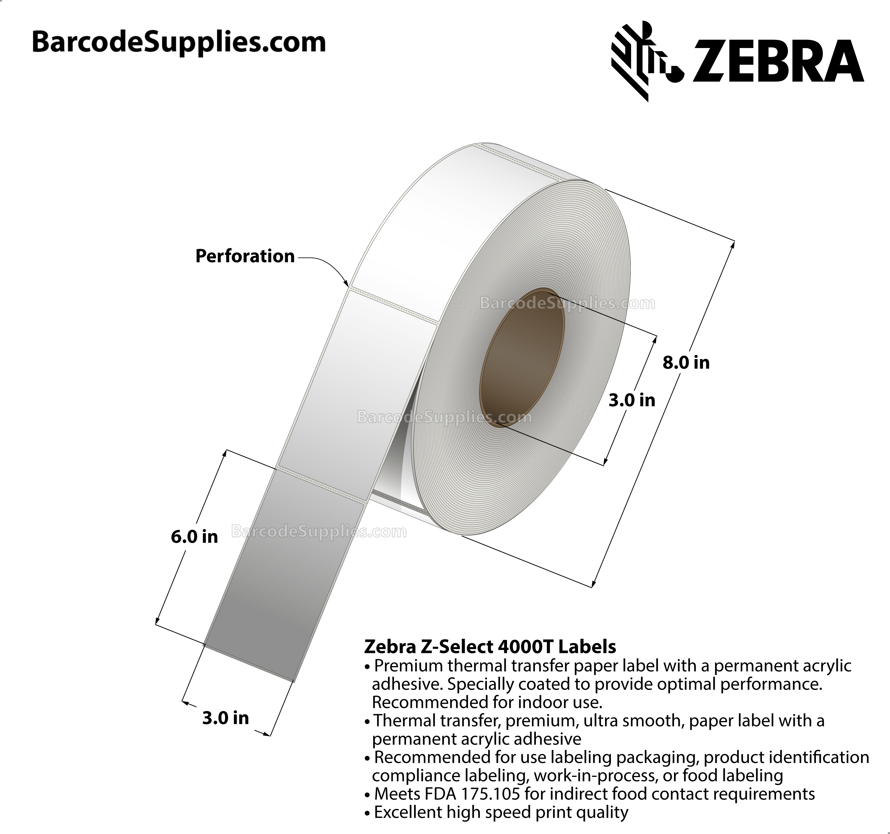 3 x 6 Thermal Transfer White Z-Select 4000T Labels With Permanent Adhesive - Perforated - 910 Labels Per Roll - Carton Of 6 Rolls - 5460 Labels Total - MPN: 81397