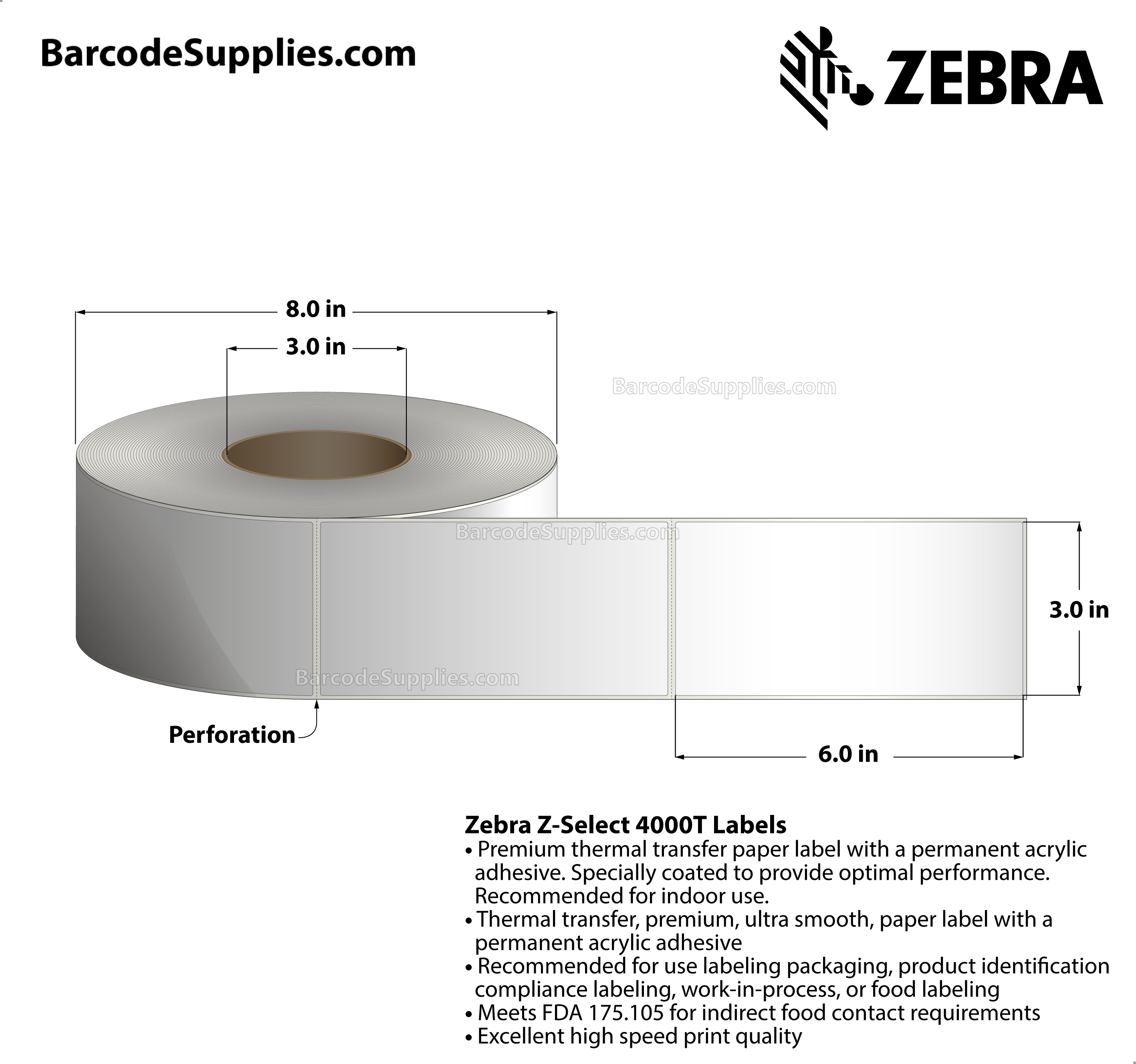 3 x 6 Thermal Transfer White Z-Select 4000T Labels With Permanent Adhesive - Perforated - 910 Labels Per Roll - Carton Of 6 Rolls - 5460 Labels Total - MPN: 81397