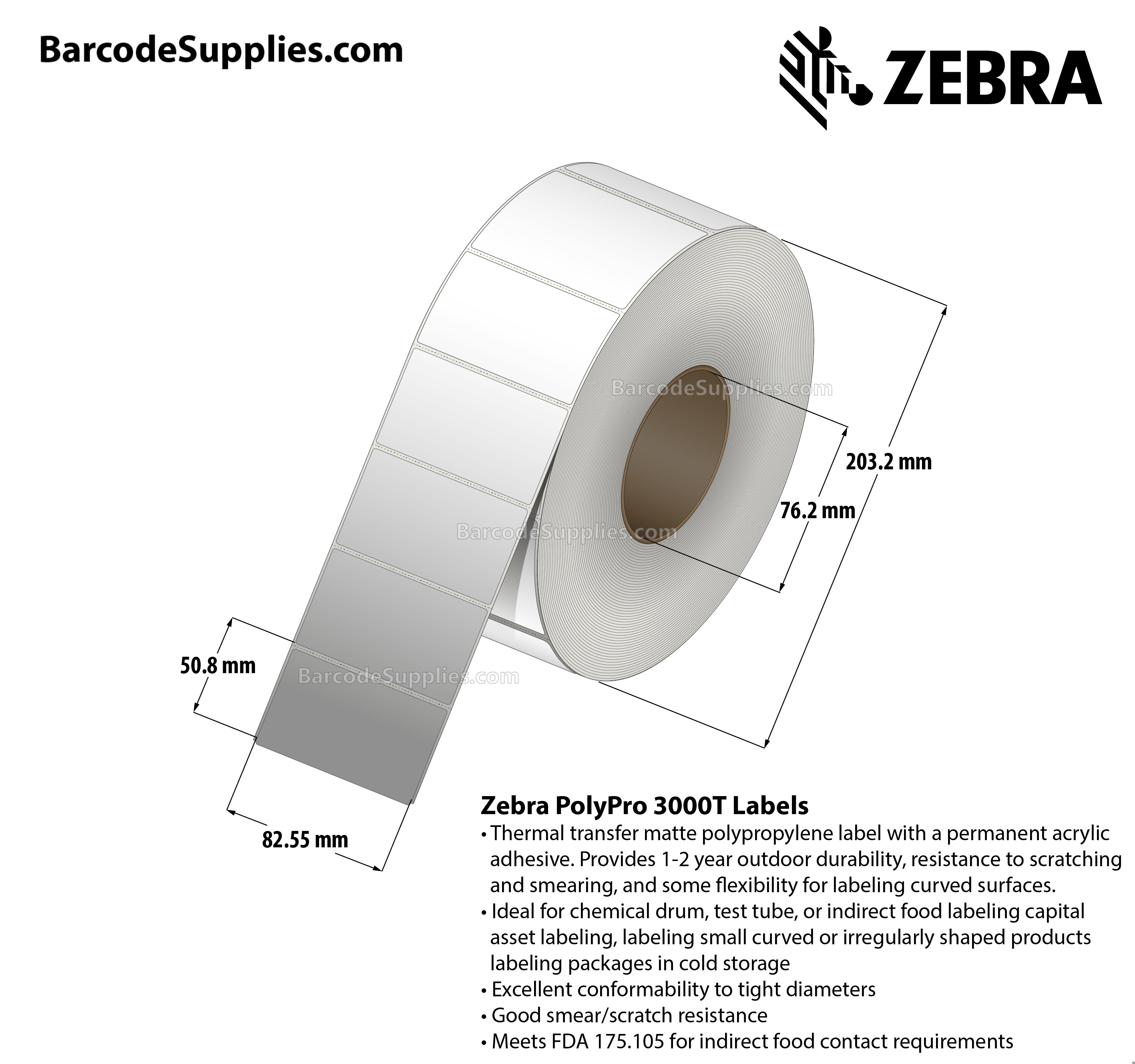 3.25 x 2 Thermal Transfer White PolyPro 3000T Labels With Permanent Adhesive - Perforated - 2448 Labels Per Roll - Carton Of 4 Rolls - 9792 Labels Total - MPN: 10011993