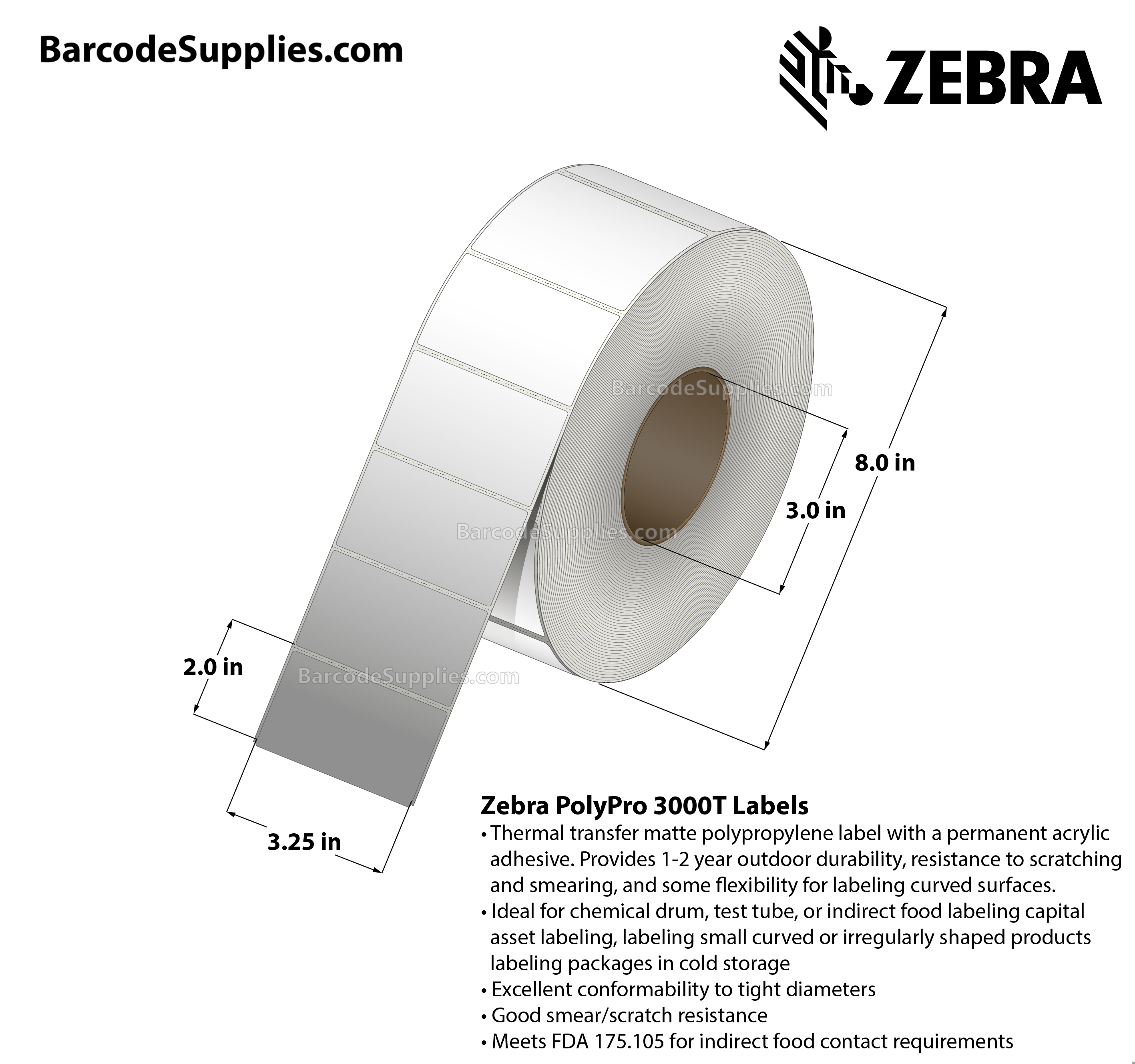3.25 x 2 Thermal Transfer White PolyPro 3000T Labels With Permanent Adhesive - Perforated - 2448 Labels Per Roll - Carton Of 4 Rolls - 9792 Labels Total - MPN: 10011993