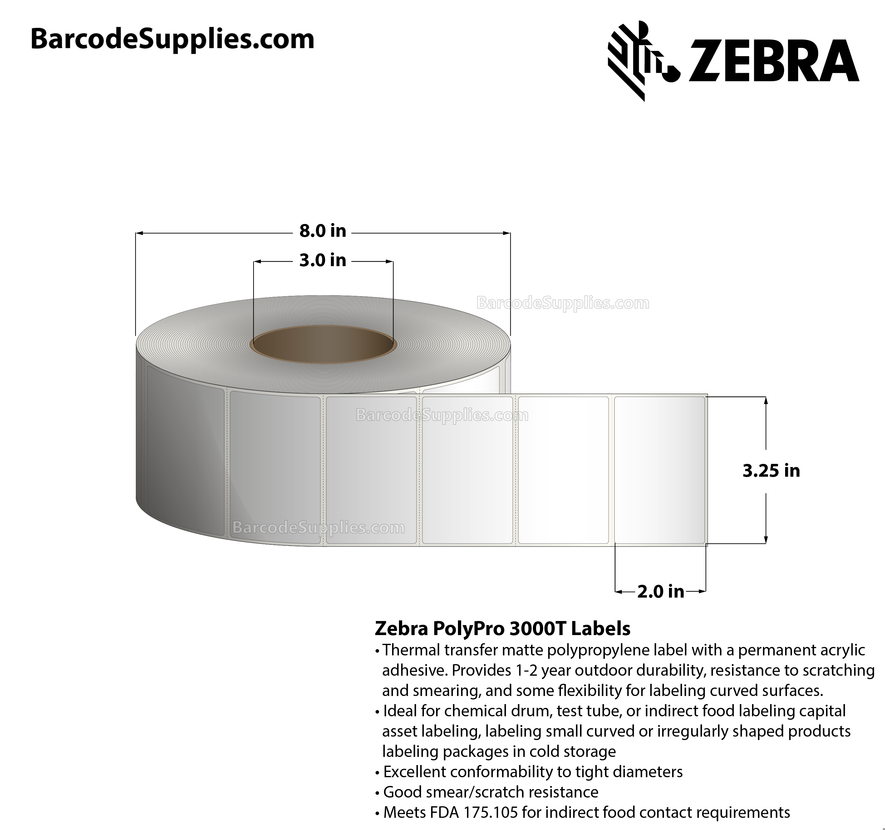 3.25 x 2 Thermal Transfer White PolyPro 3000T Labels With Permanent Adhesive - Perforated - 2448 Labels Per Roll - Carton Of 4 Rolls - 9792 Labels Total - MPN: 10011993