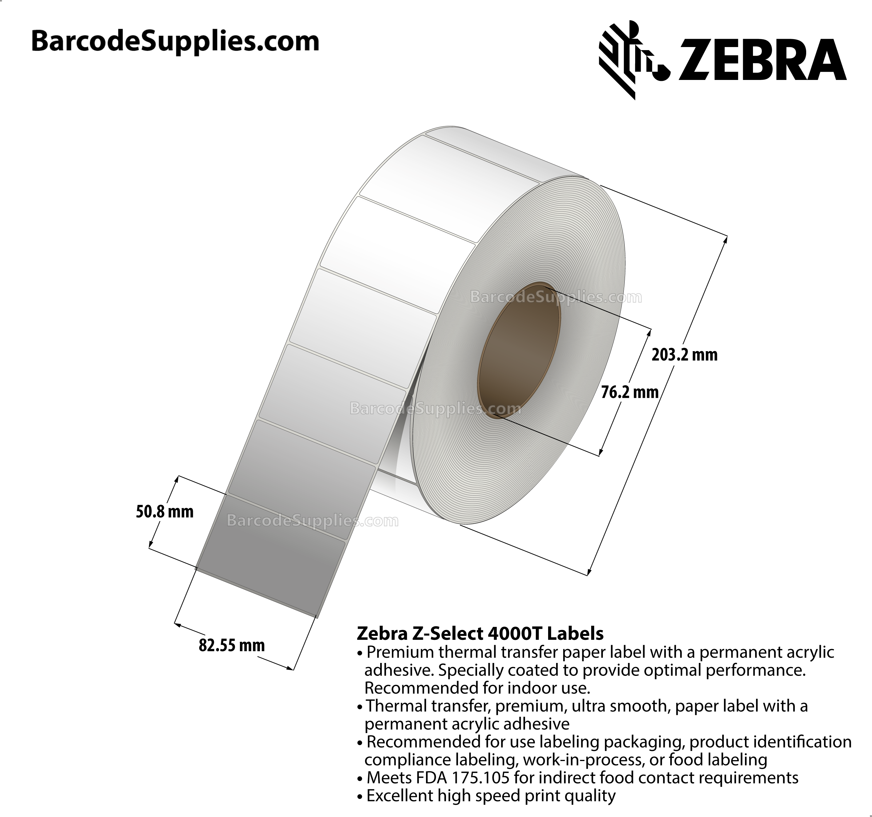 3.25 x 2 Thermal Transfer White Z-Select 4000T Labels With Permanent Adhesive - Not Perforated - 2700 Labels Per Roll - Carton Of 6 Rolls - 16200 Labels Total - MPN: 72974
