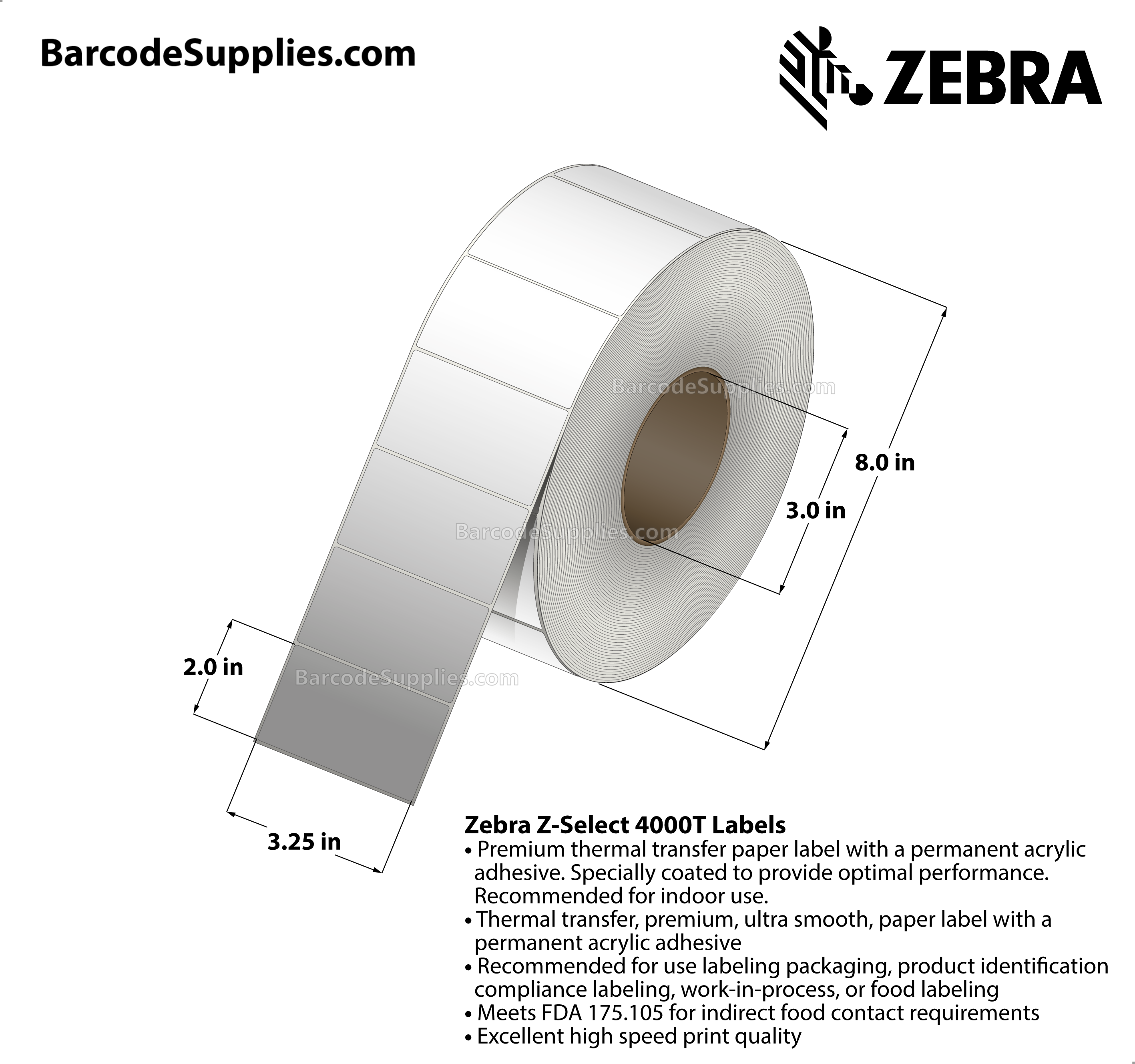 3.25 x 2 Thermal Transfer White Z-Select 4000T Labels With Permanent Adhesive - Not Perforated - 2700 Labels Per Roll - Carton Of 6 Rolls - 16200 Labels Total - MPN: 72974