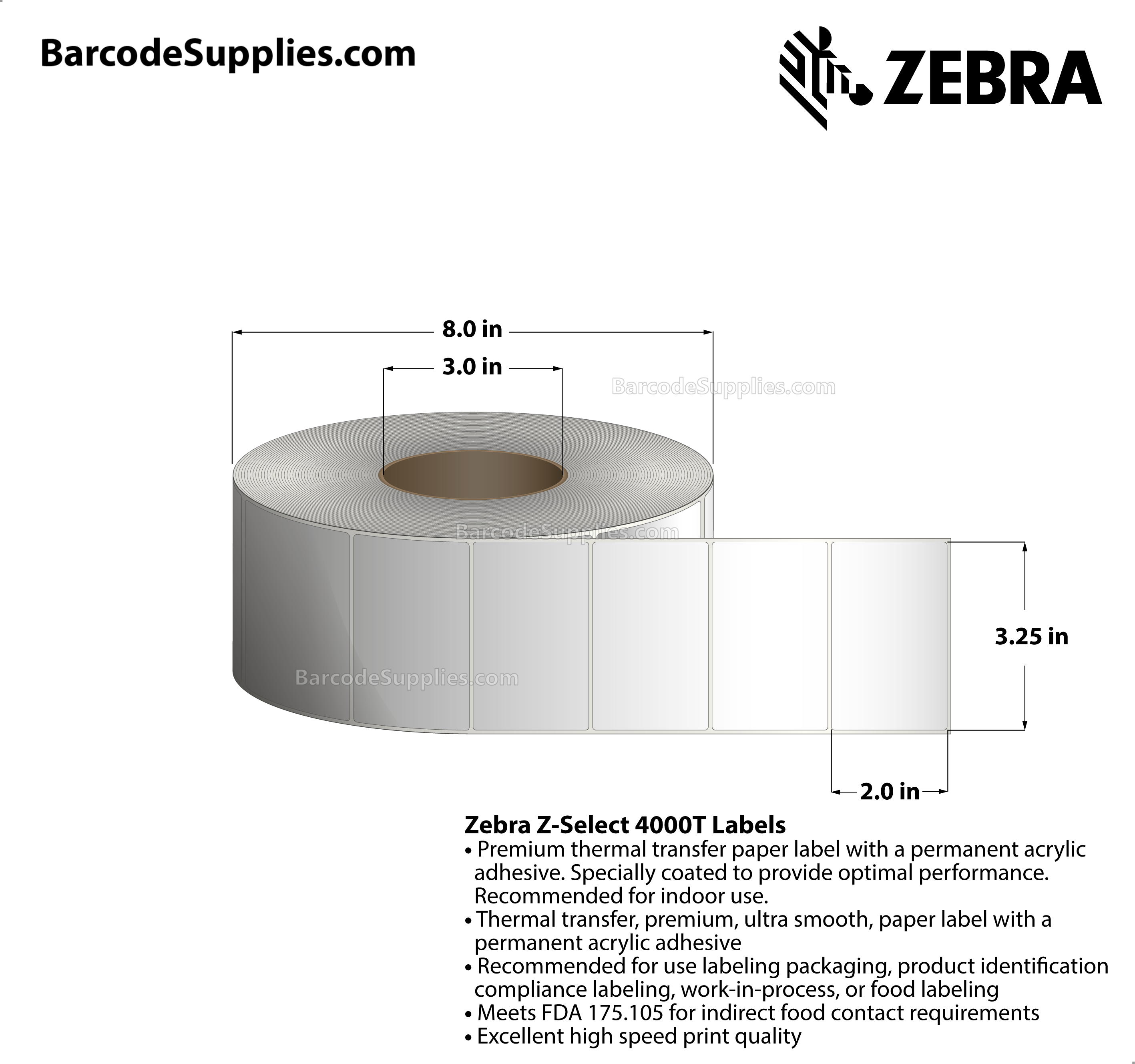 3.25 x 2 Thermal Transfer White Z-Select 4000T Labels With Permanent Adhesive - Not Perforated - 2700 Labels Per Roll - Carton Of 6 Rolls - 16200 Labels Total - MPN: 72974