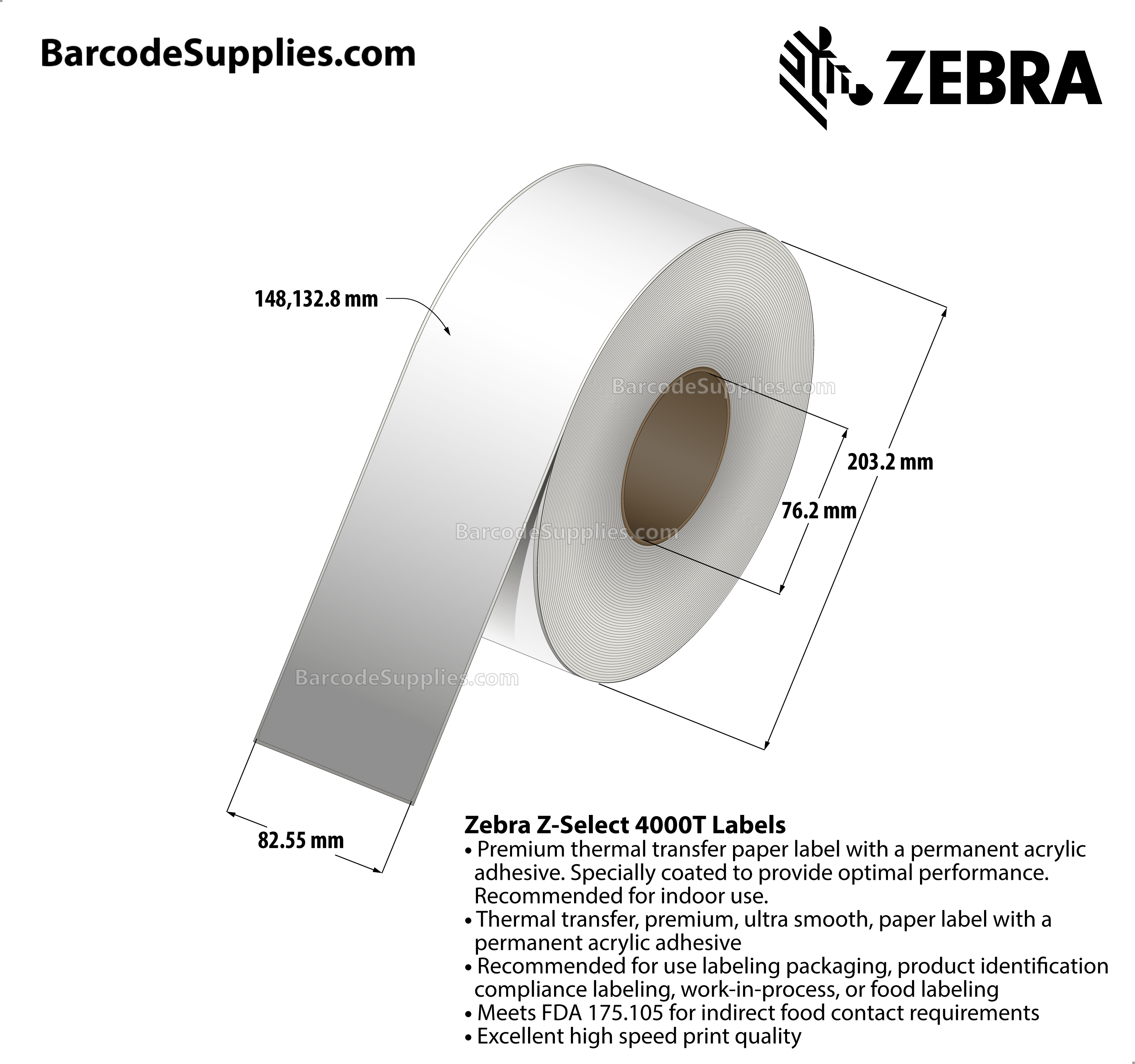 3.25 x 486' Thermal Transfer White Z-Select 4000T Labels With Permanent Adhesive - Continuous - Labels Per Roll - Carton Of 6 Rolls - 0 Labels Total - MPN: 72287