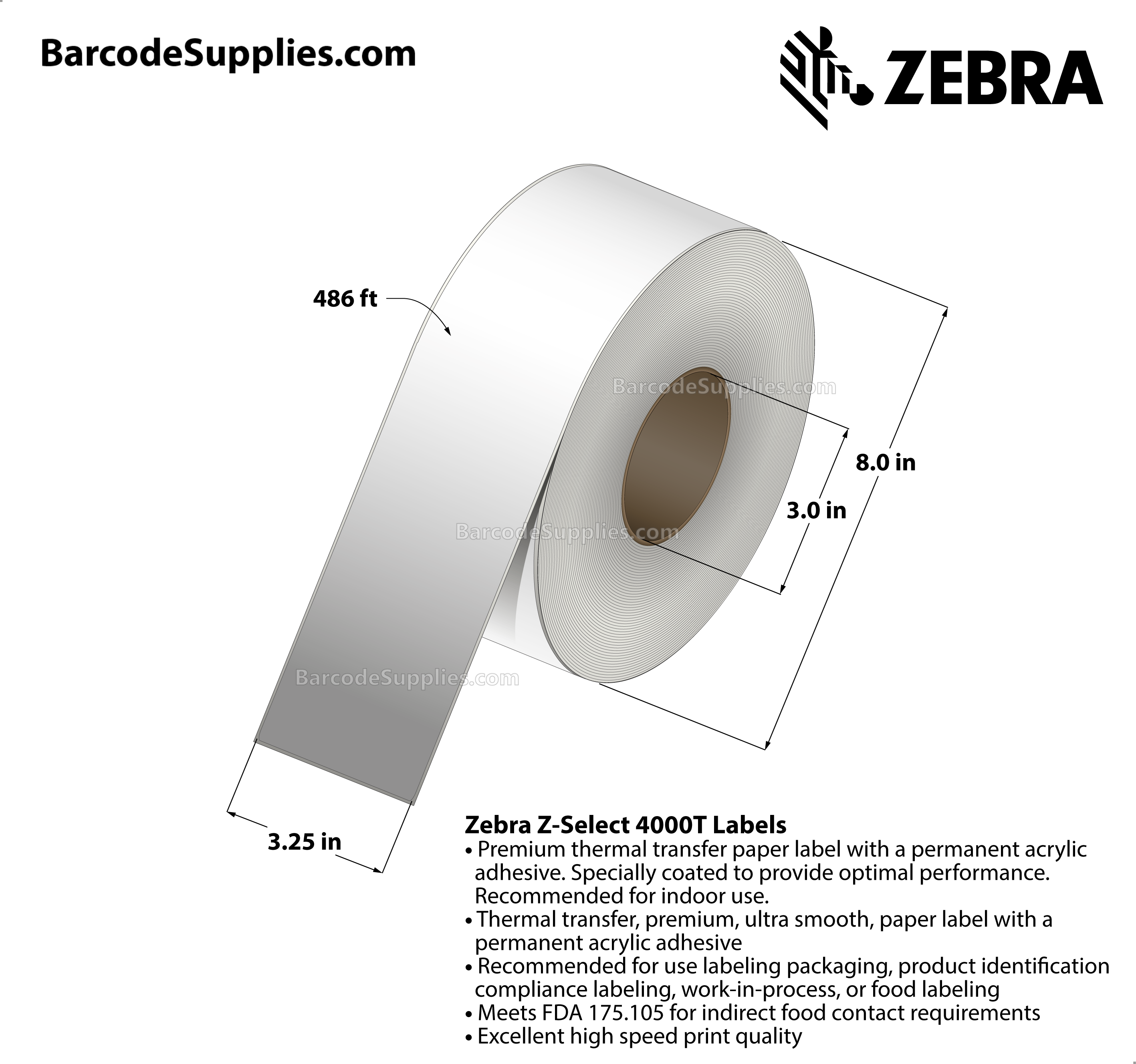 3.25 x 486' Thermal Transfer White Z-Select 4000T Labels With Permanent Adhesive - Continuous - Labels Per Roll - Carton Of 6 Rolls - 0 Labels Total - MPN: 72287