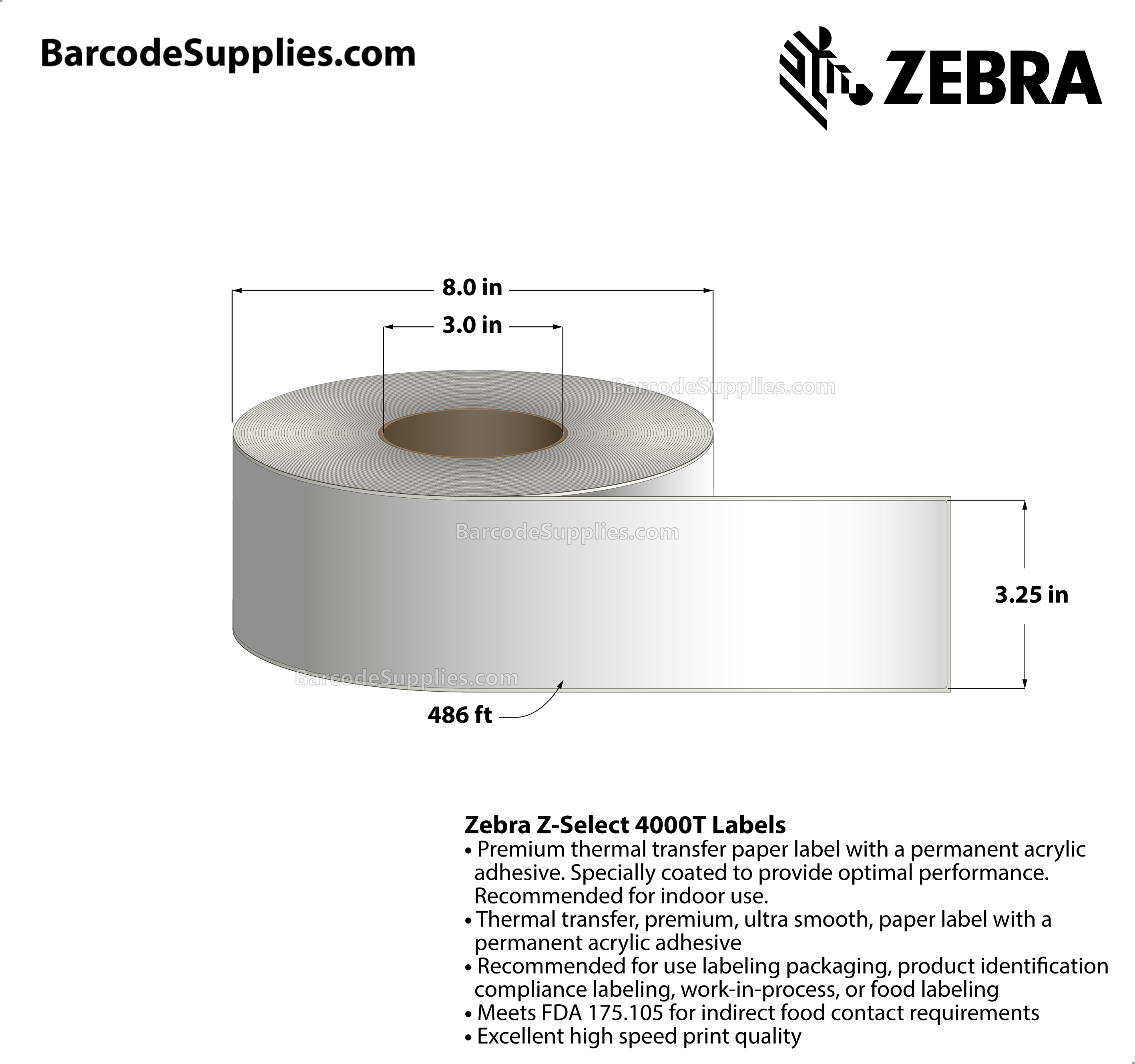 3.25 x 486' Thermal Transfer White Z-Select 4000T Labels With Permanent Adhesive - Continuous - Labels Per Roll - Carton Of 6 Rolls - 0 Labels Total - MPN: 72287