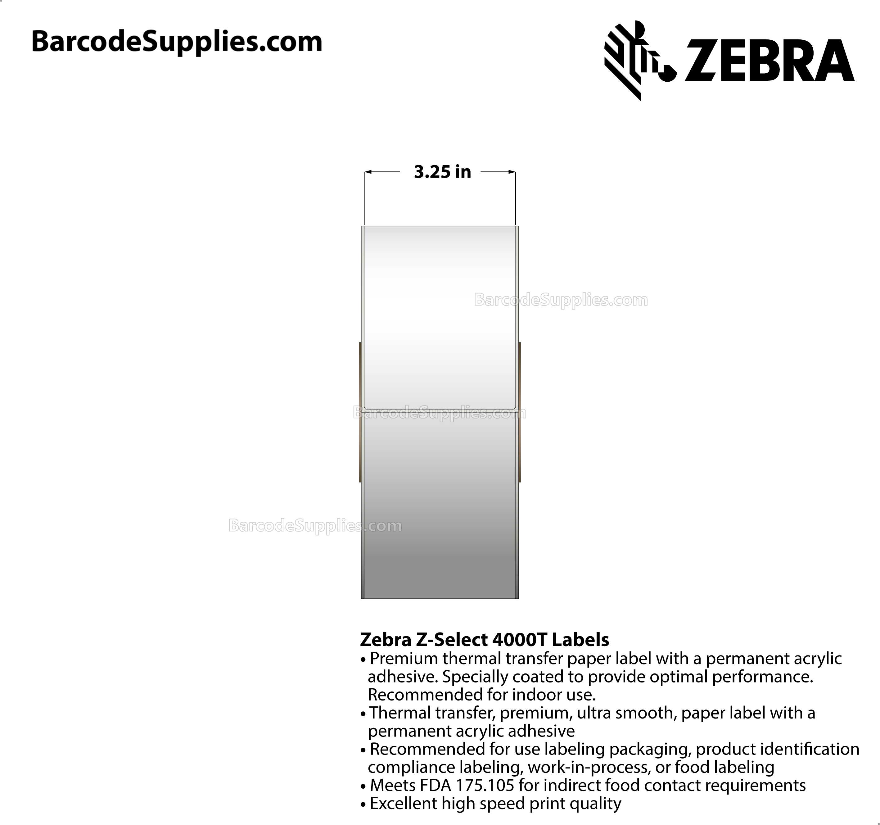 3.25 x 486' Thermal Transfer White Z-Select 4000T Labels With Permanent Adhesive - Continuous - Labels Per Roll - Carton Of 6 Rolls - 0 Labels Total - MPN: 72287