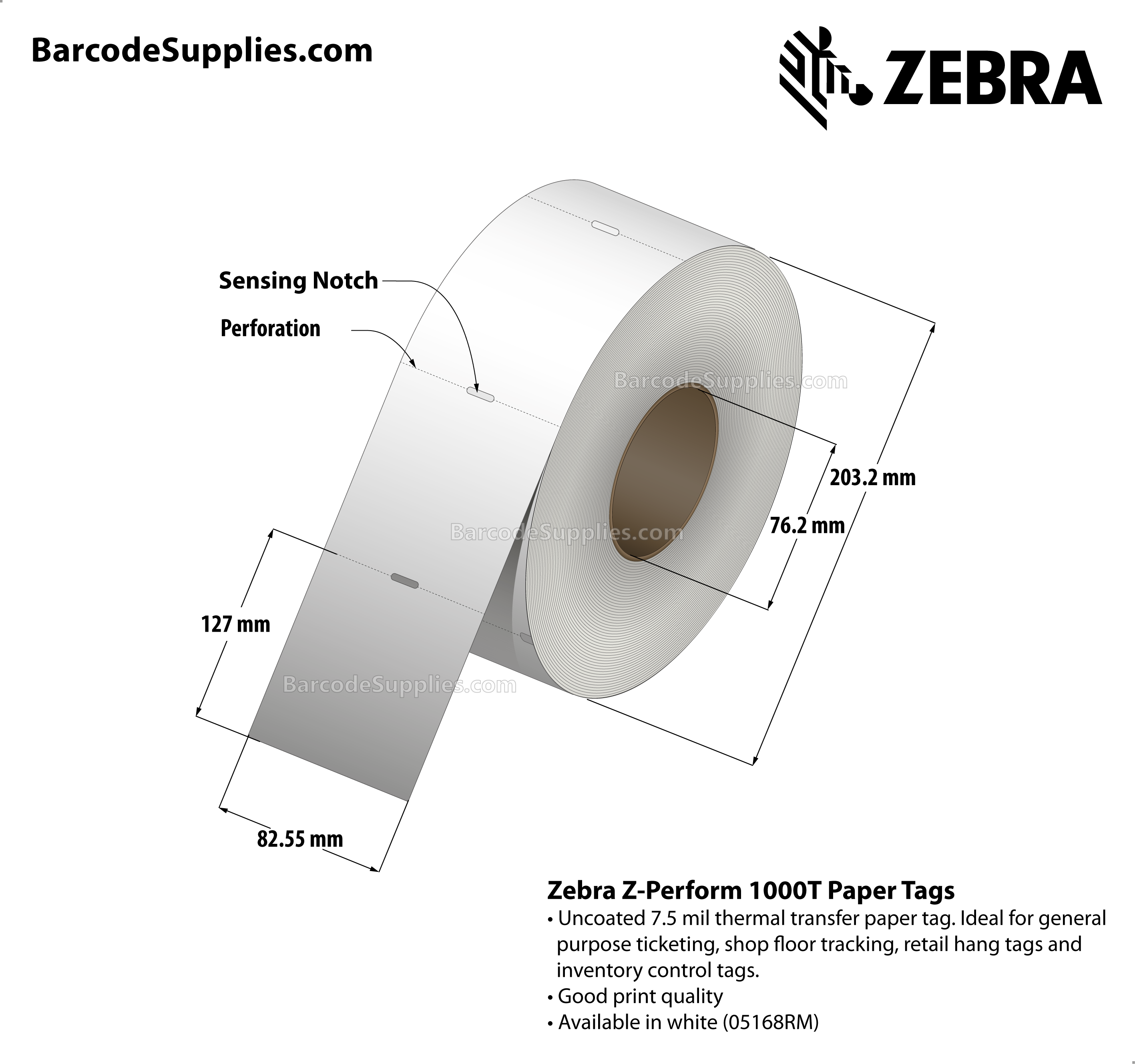 3.25 x 5 Thermal Transfer White Z-Perform 1000T 7.5 mil Tag Tags With No Adhesive - Contains side sensing notch - Perforated - 1030 Tags Per Roll - Carton Of 6 Rolls - 6180 Tags Total - MPN: 65156