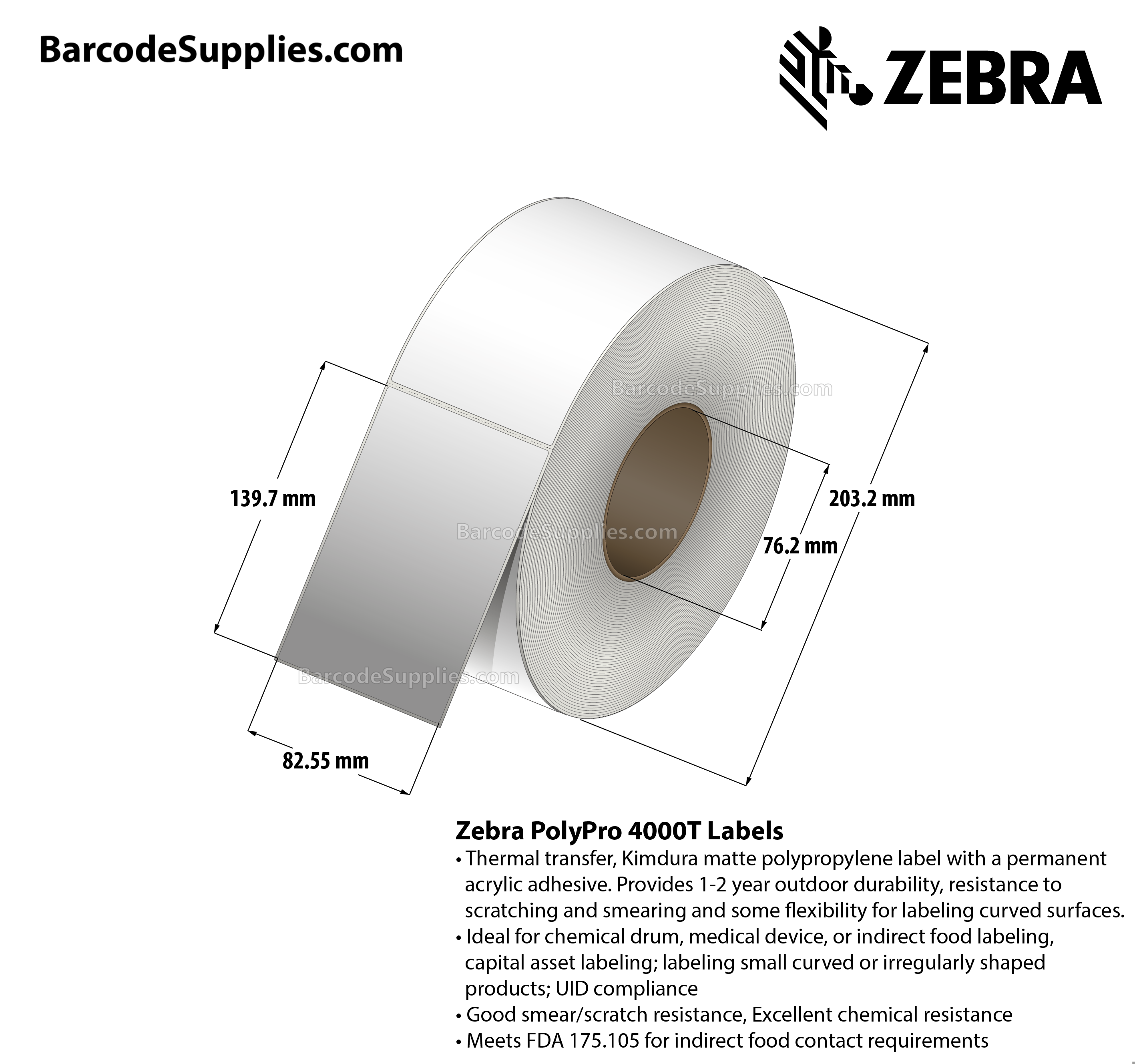 3.25 x 5.5 Thermal Transfer White PolyPro 4000T Labels With Permanent Adhesive - Not Perforated - 870 Labels Per Roll - Carton Of 4 Rolls - 3480 Labels Total - MPN: 10011690