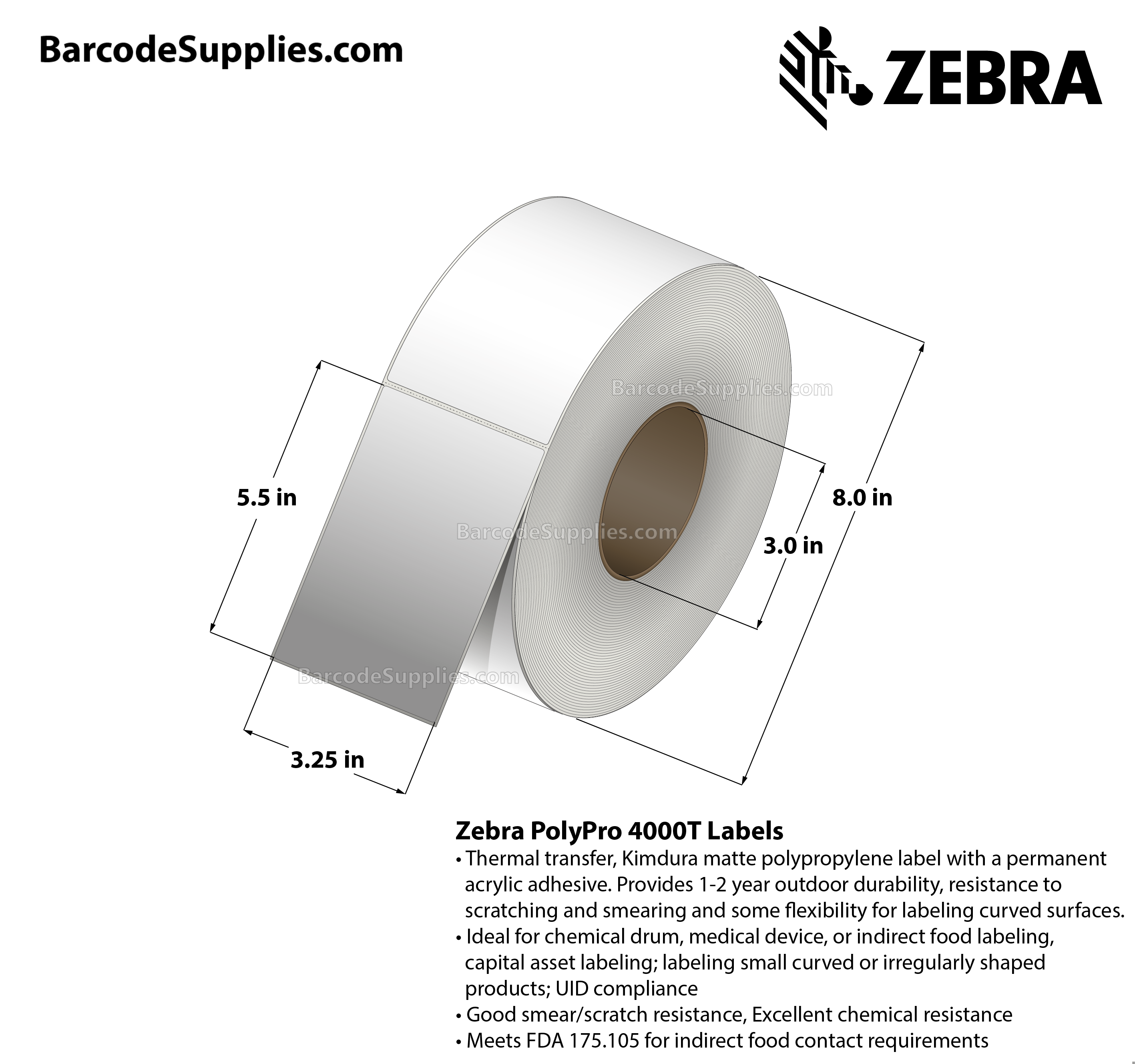 3.25 x 5.5 Thermal Transfer White PolyPro 4000T Labels With Permanent Adhesive - Not Perforated - 870 Labels Per Roll - Carton Of 4 Rolls - 3480 Labels Total - MPN: 10011690