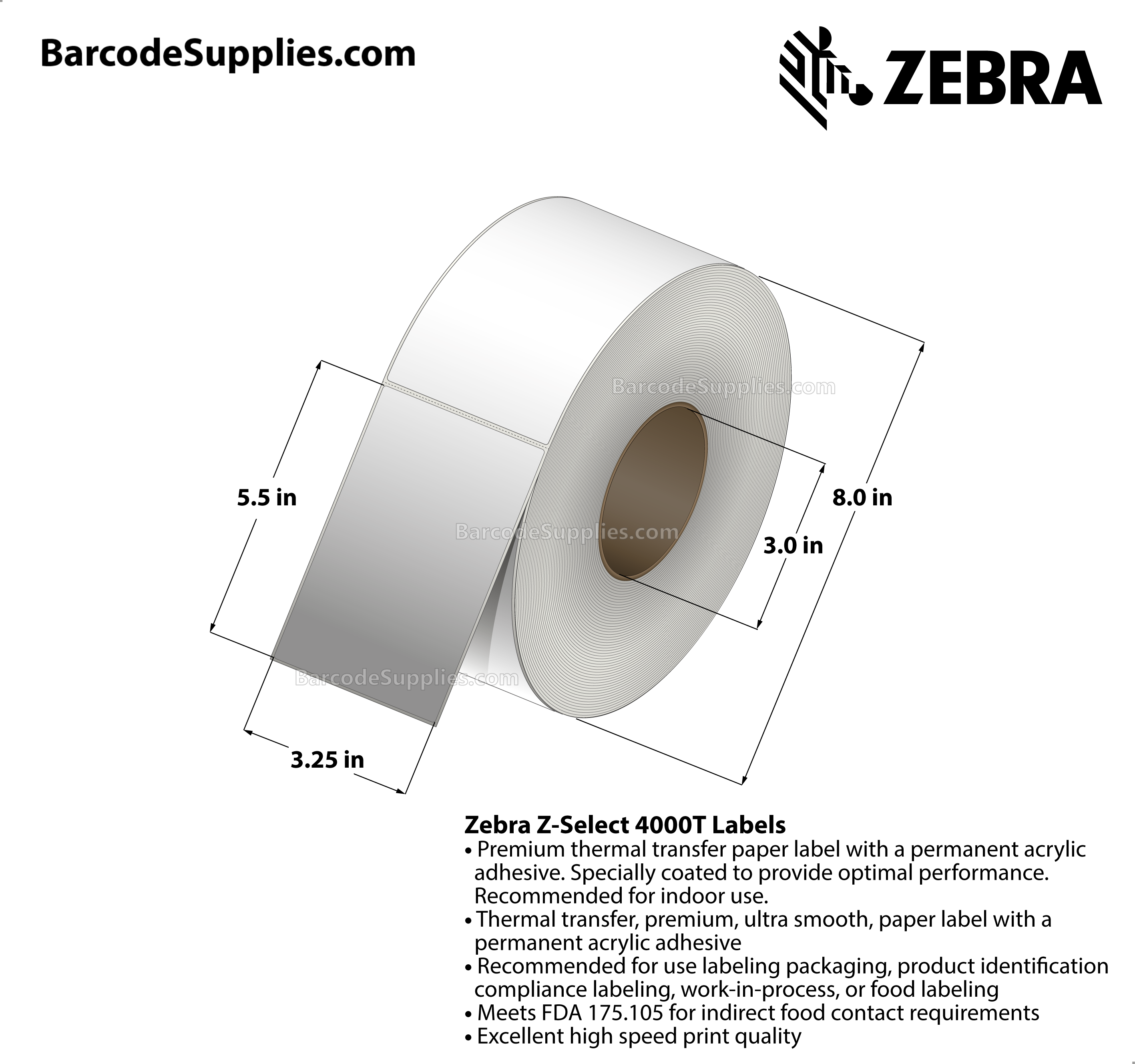 3.25 x 5.5 Thermal Transfer White Z-Select 4000T Labels With Permanent Adhesive - Not Perforated - 1040 Labels Per Roll - Carton Of 6 Rolls - 6240 Labels Total - MPN: 72286