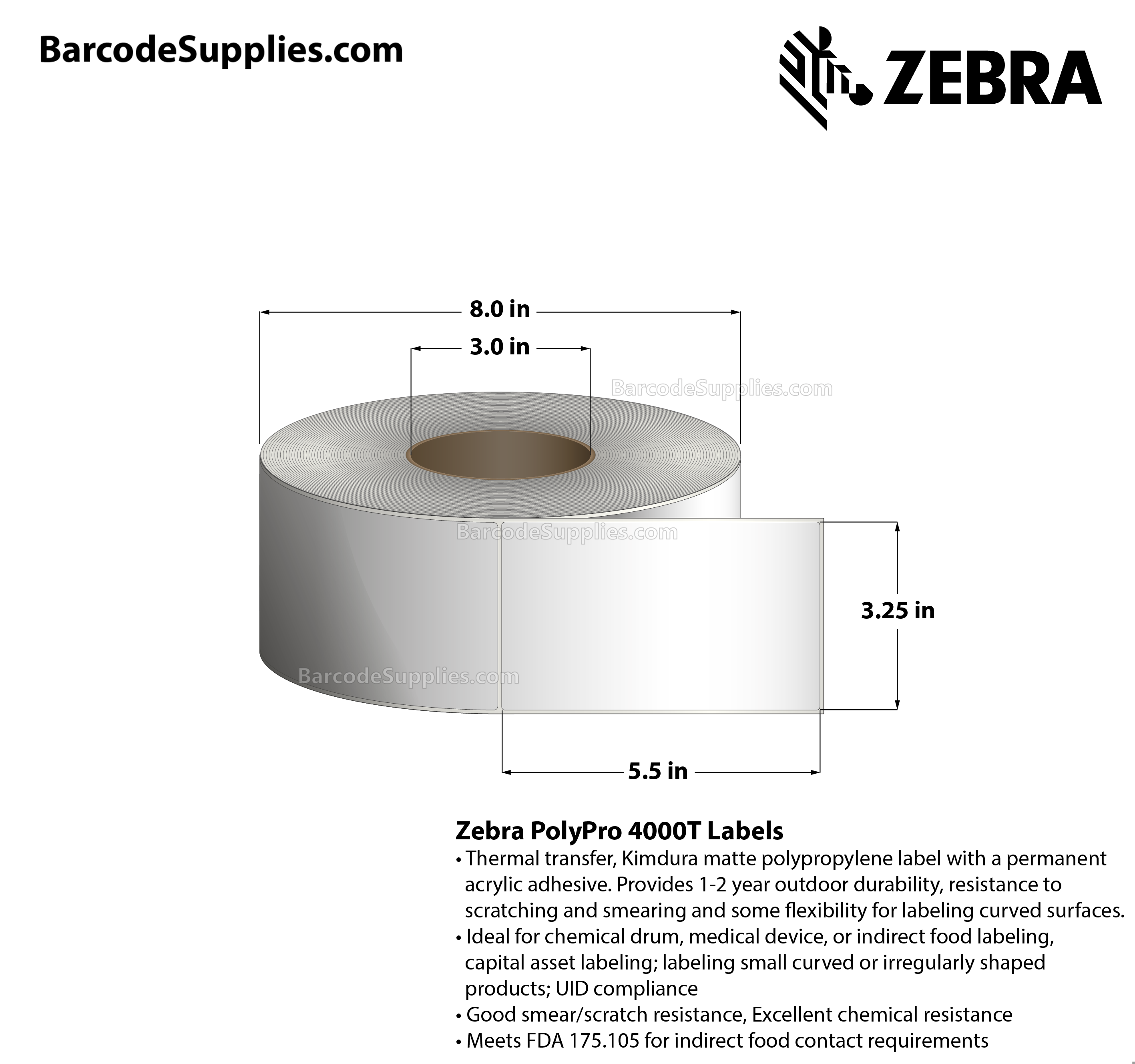 3.25 x 5.5 Thermal Transfer White PolyPro 4000T Labels With Permanent Adhesive - Not Perforated - 870 Labels Per Roll - Carton Of 4 Rolls - 3480 Labels Total - MPN: 10011690