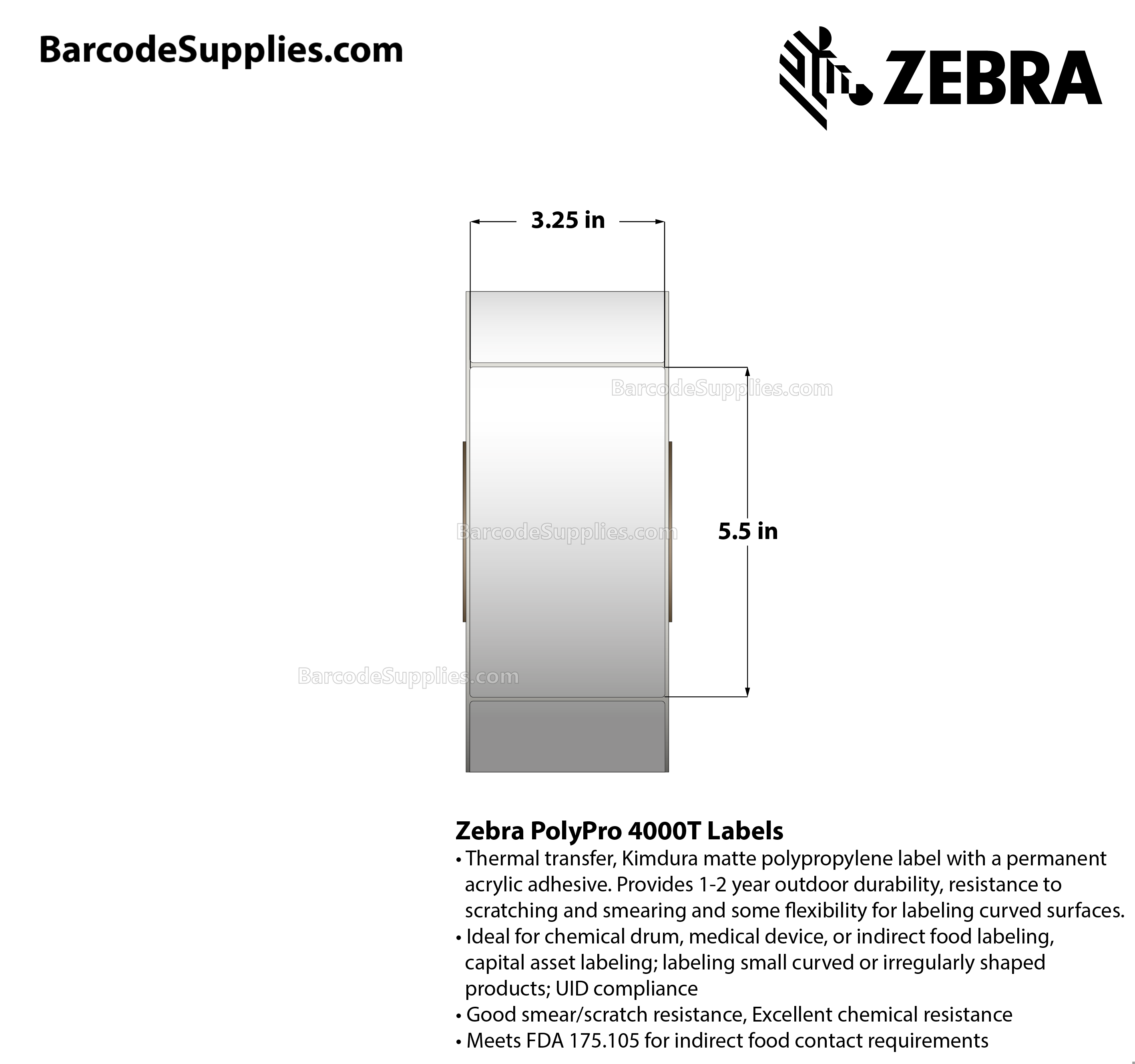 3.25 x 5.5 Thermal Transfer White PolyPro 4000T Labels With Permanent Adhesive - Not Perforated - 870 Labels Per Roll - Carton Of 4 Rolls - 3480 Labels Total - MPN: 10011690