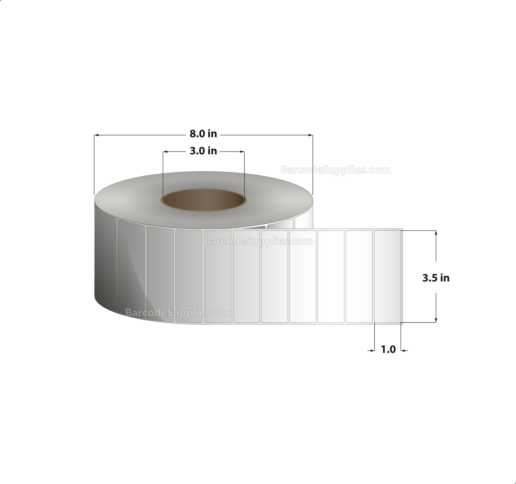 3.5 x 1 Thermal Transfer White Labels With Permanent Acrylic Adhesive - Not Perforated - 5500 Labels Per Roll - Carton Of 6 Rolls - 33000 Labels Total - MPN: TH351-1