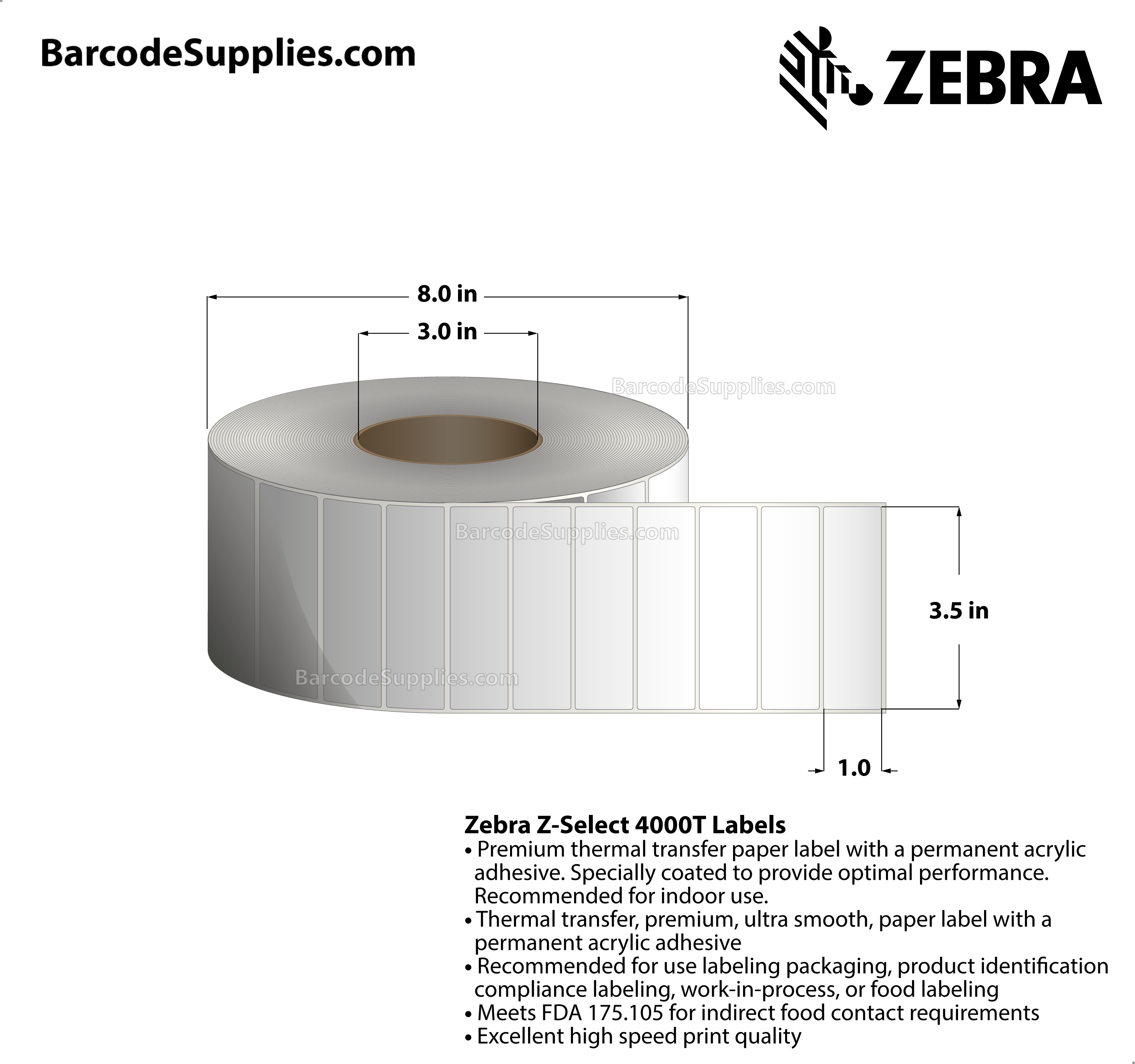 3.5 x 1 Thermal Transfer White Z-Select 4000T Labels With Permanent Adhesive - Not Perforated - 5180 Labels Per Roll - Carton Of 6 Rolls - 31080 Labels Total - MPN: 72288