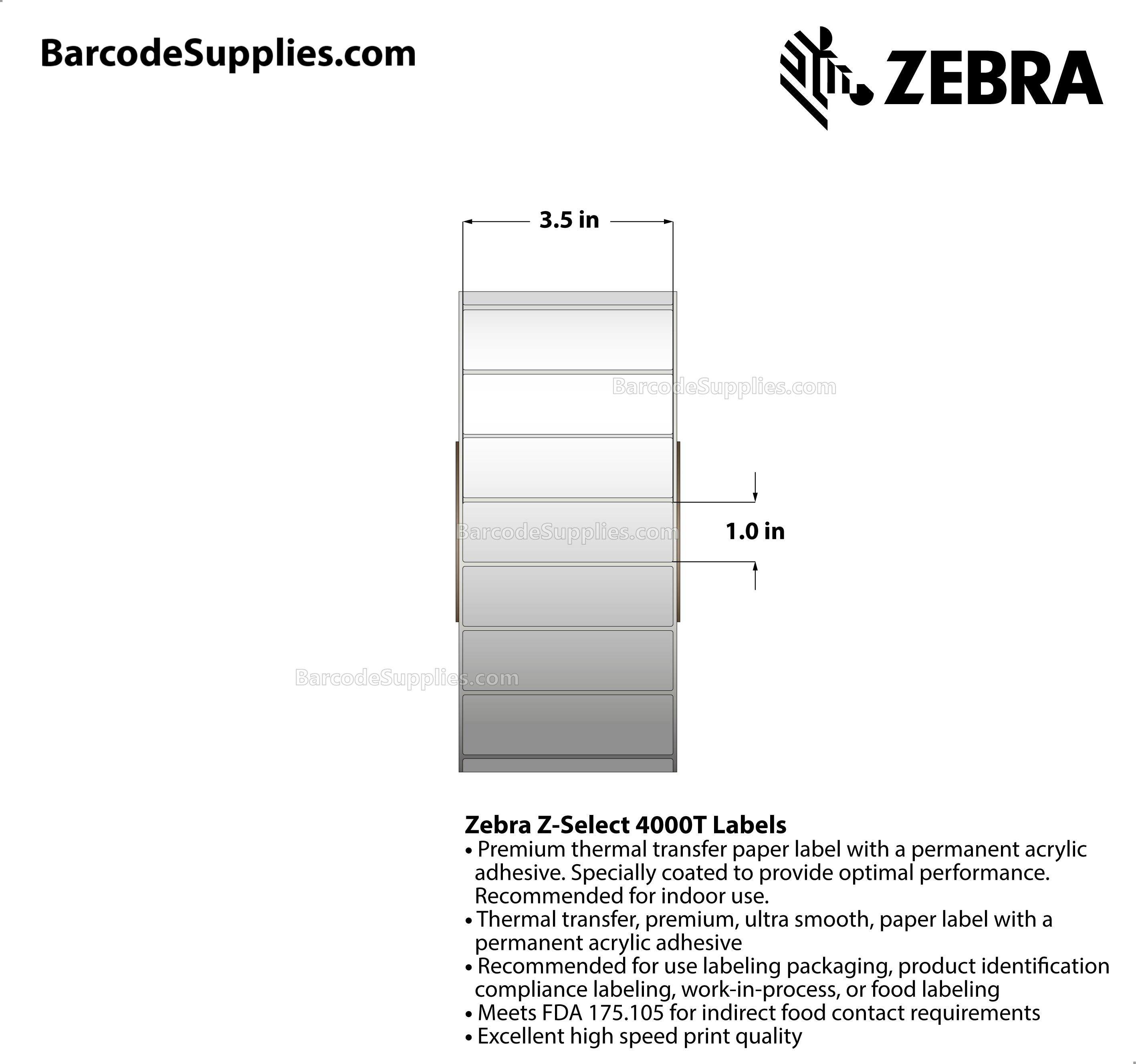 3.5 x 1 Thermal Transfer White Z-Select 4000T Labels With Permanent Adhesive - Not Perforated - 5180 Labels Per Roll - Carton Of 6 Rolls - 31080 Labels Total - MPN: 72288