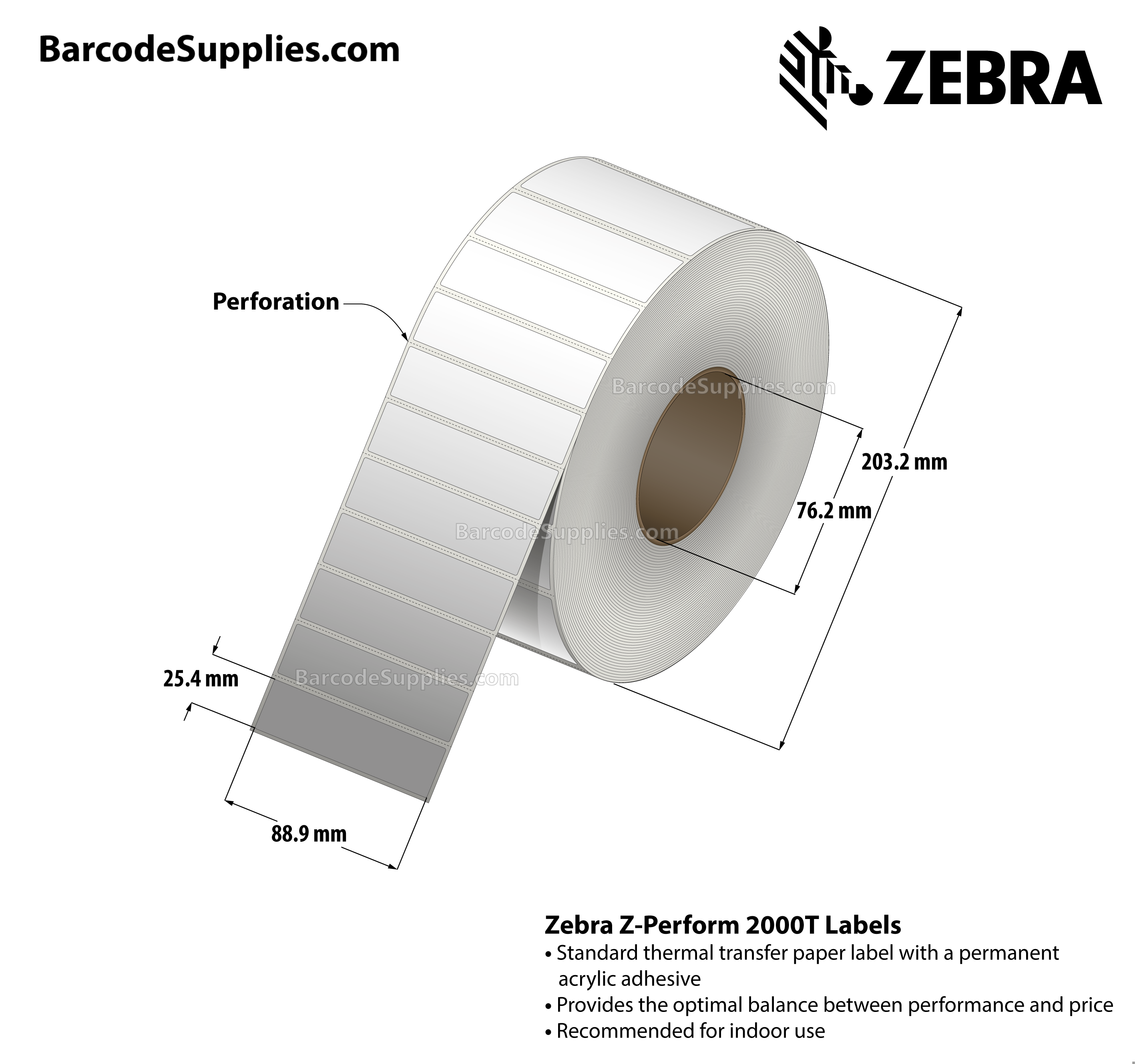 3.5 x 1 Thermal Transfer White Z-Perform 2000T Labels With Permanent Adhesive - Perforated - 5470 Labels Per Roll - Carton Of 4 Rolls - 21880 Labels Total - MPN: 10010243