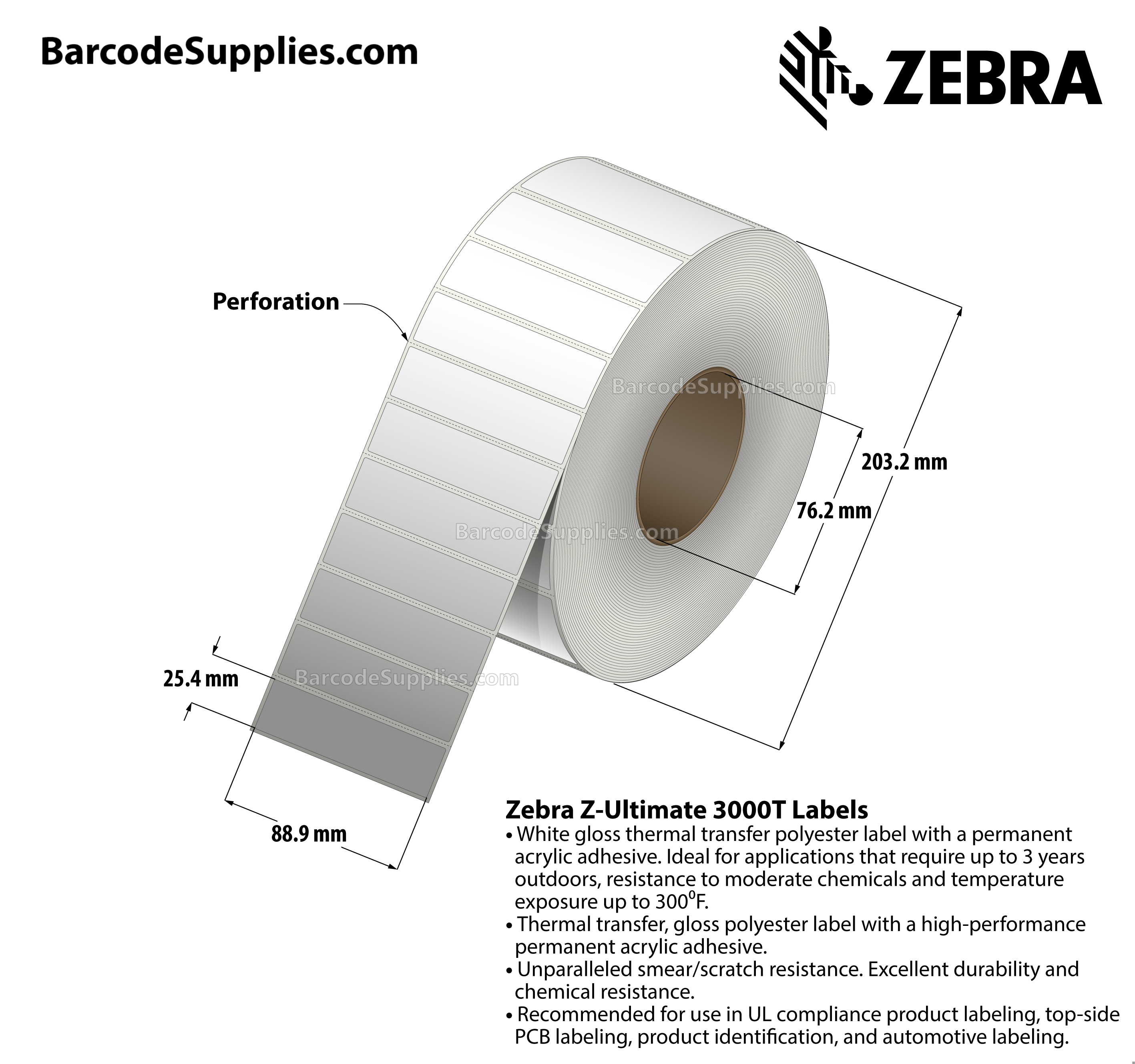 3.5 x 1 Thermal Transfer White Z-Ultimate 3000T Labels With Permanent Adhesive - Perforated - 5570 Labels Per Roll - Carton Of 4 Rolls - 22280 Labels Total - MPN: 10011705
