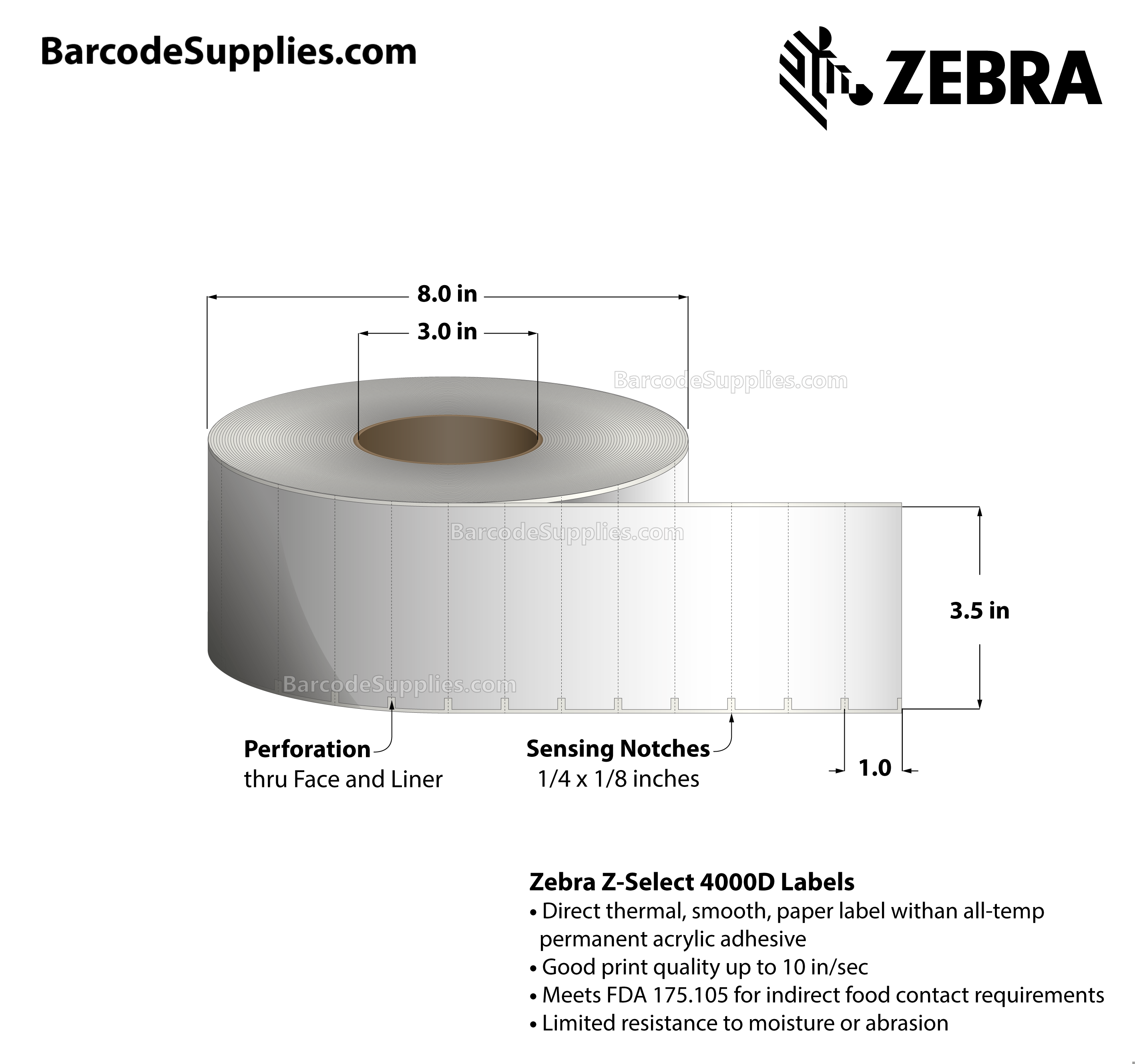 3.5 x 1 Direct Thermal White Z-Select 4000D Labels With All-Temp Adhesive - Label has square edges and sensing notches on left side - Perforated - 5760 Labels Per Roll - Carton Of 6 Rolls - 34560 Labels Total - MPN: HC10000684