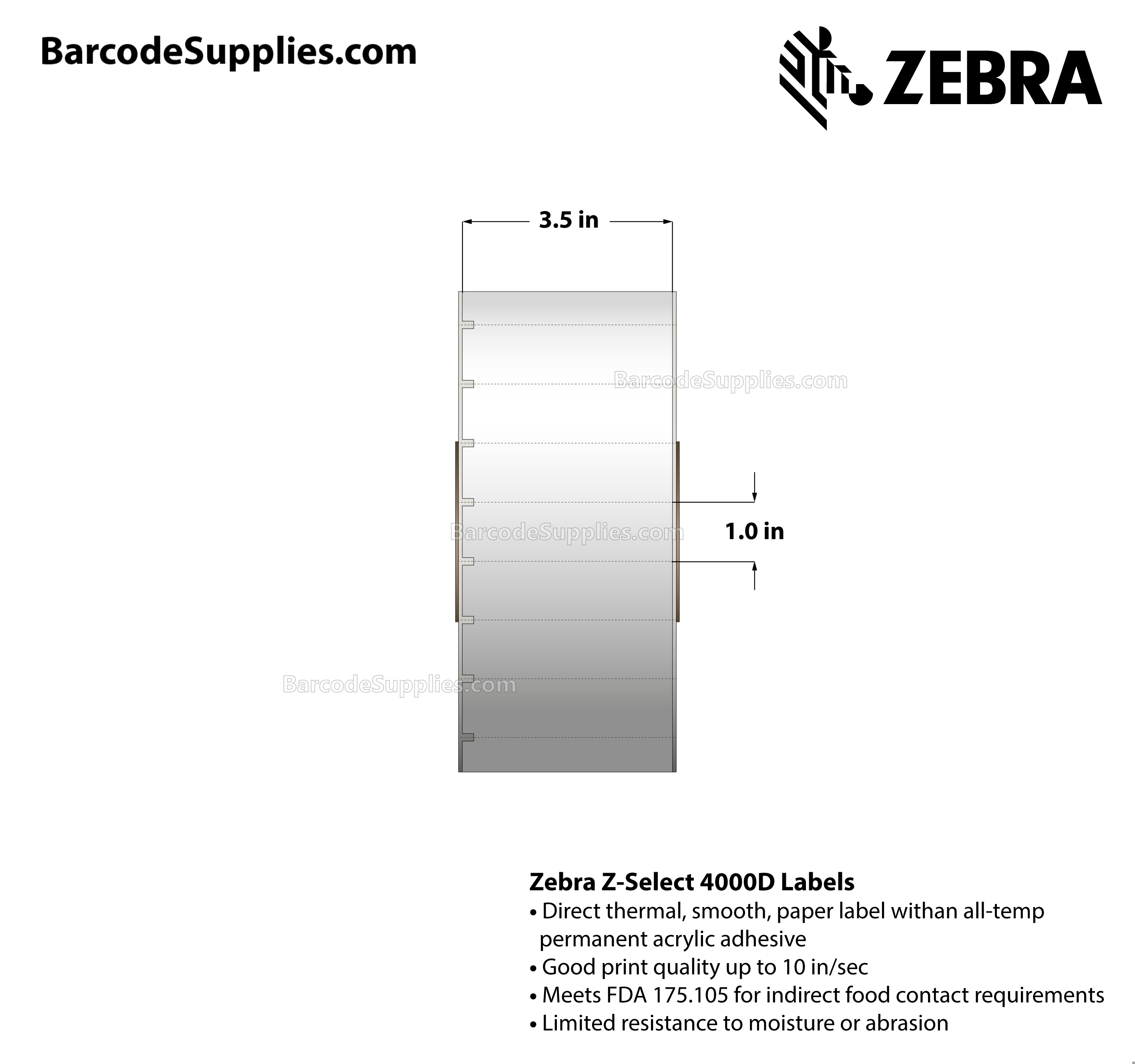 3.5 x 1 Direct Thermal White Z-Select 4000D Labels With All-Temp Adhesive - Label has square edges and sensing notches on left side - Perforated - 5760 Labels Per Roll - Carton Of 6 Rolls - 34560 Labels Total - MPN: HC10000684