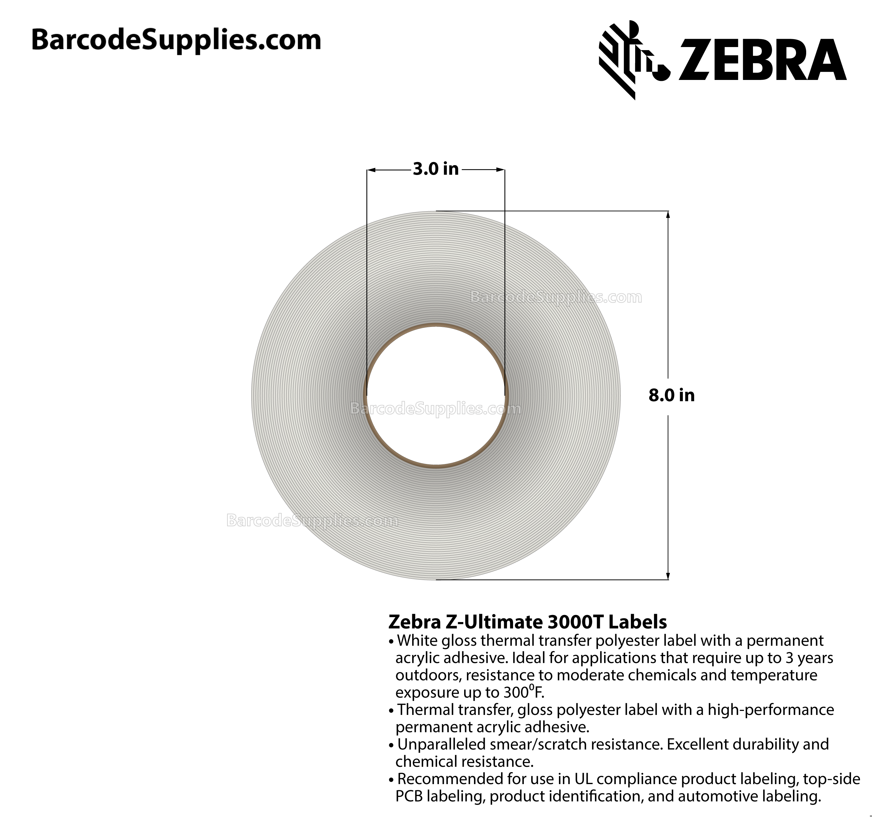 3.5 x 1 Thermal Transfer White Z-Ultimate 3000T Labels With Permanent Adhesive - Perforated - 5570 Labels Per Roll - Carton Of 4 Rolls - 22280 Labels Total - MPN: 10011705