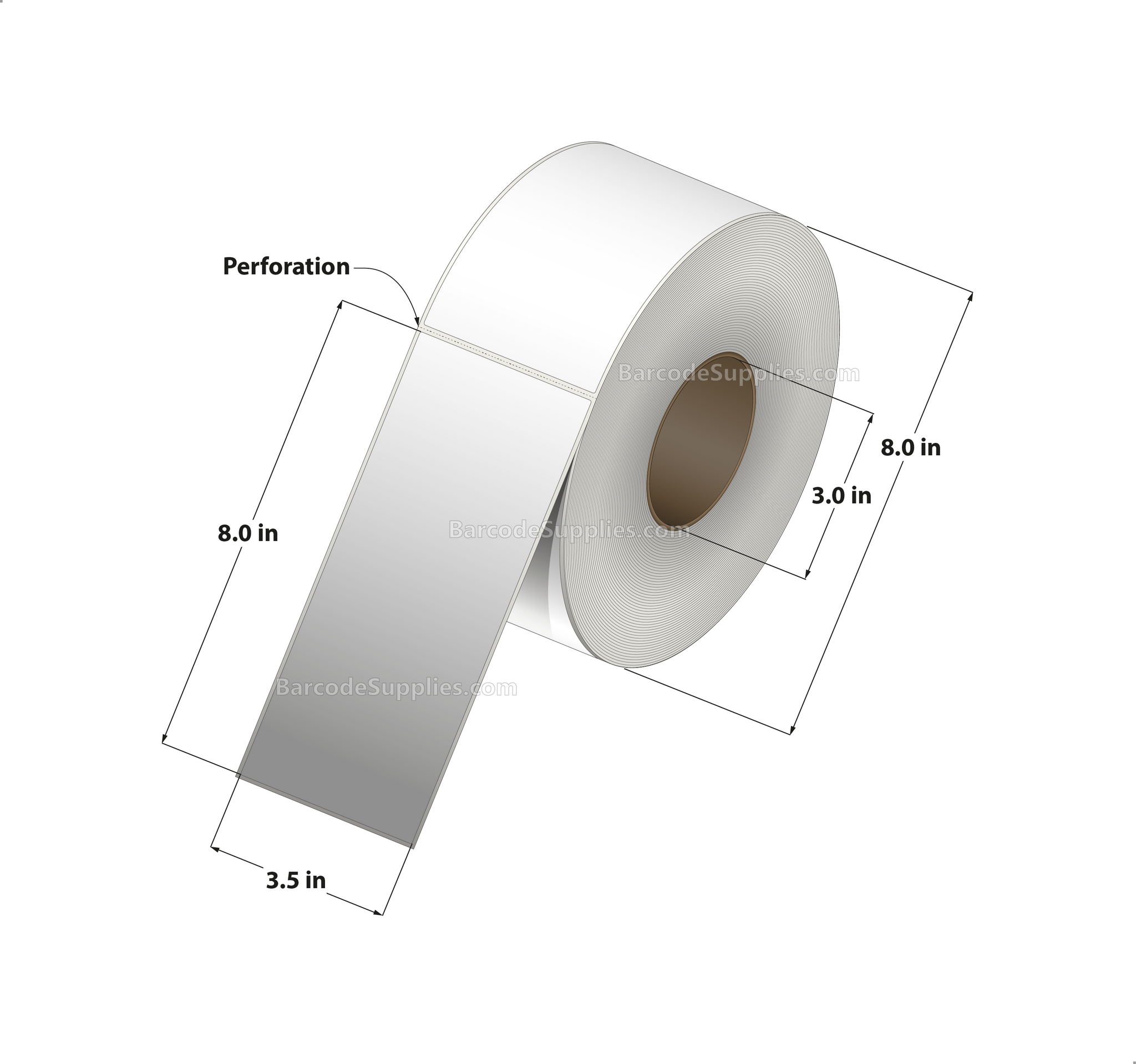 3.5 x 8 Thermal Transfer White Labels With Permanent Acrylic Adhesive - Perforated - 750 Labels Per Roll - Carton Of 6 Rolls - 4500 Labels Total - MPN: TH358-1P