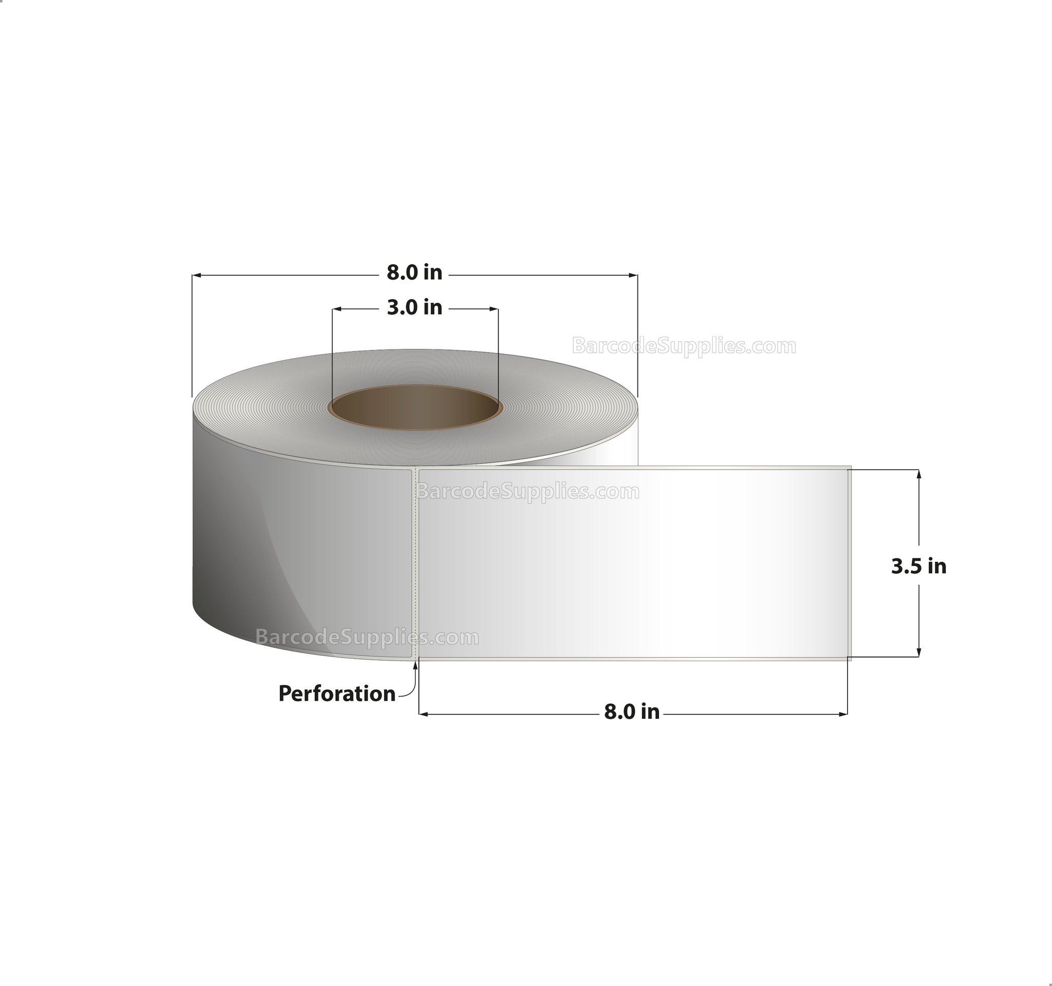 3.5 x 8 Thermal Transfer White Labels With Permanent Acrylic Adhesive - Perforated - 750 Labels Per Roll - Carton Of 6 Rolls - 4500 Labels Total - MPN: TH358-1P